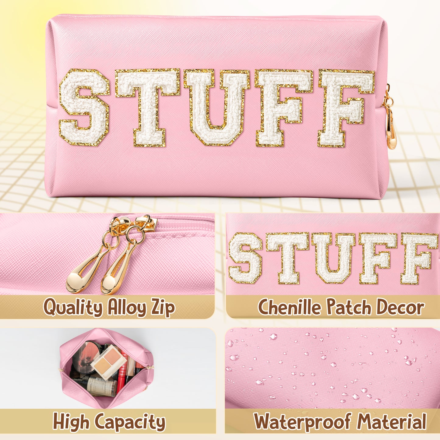Y1tvei STUFF Makeup Bag Large - Preppy Patch Extra Large Stuff Varsity Letter Makeup Bag Sewn with White Letter PU Leather Waterproof Cosmetic Pouch Toiletry Zipper Organizer Gifts for Women(Pink)