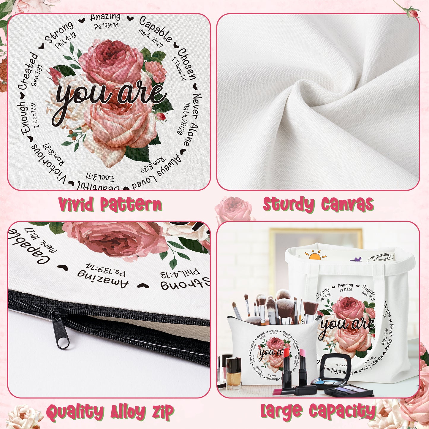 Y1tvei Christian Gifts for Women - 2Pcs Aesthetic Flower You are Beautiful Tote Makeup Bag Set, Christian Religious Bible Verse Canvas Reusable Tote Bag, Christian Encouragement Gifts for Women Faith
