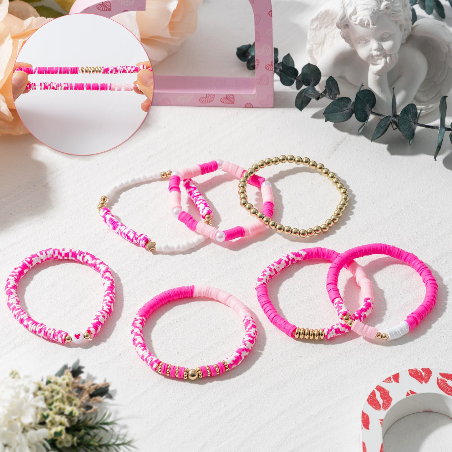 Y1tvei Pink Clay Bead Bracelets - 7Pcs Pink Spot Clay Bead Surfer Bracelet Set Gold Plated Bead Stackable Stretch Bracelet Layering Summer Beach Jewelry Friendship Bracelet Gift for Women Teen Girls
