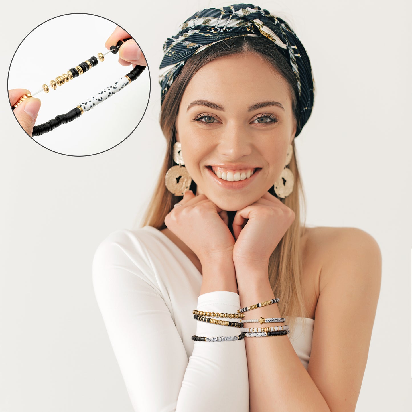 Y1tvei 7Pcs Black White Surfer Heishi Clay Bead Bracelet Set Boho Stackable Polymer Clay Beaded Layering Stretch Bracelet Gold Plated Bead Jewelry Summer Beach Friendship Bracelet for Women Girls
