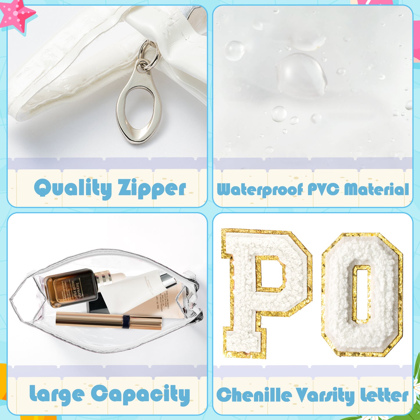 Y1tvei Clear POOL Makeup Bag - Preppy White POOL Chenille Varsity Letter Sunscreen Cosmetic Pouch PVC Transparent Zipper Waterproof Beach Pool Summer Travel Toiletry Organizer for Swimmer Women(White)