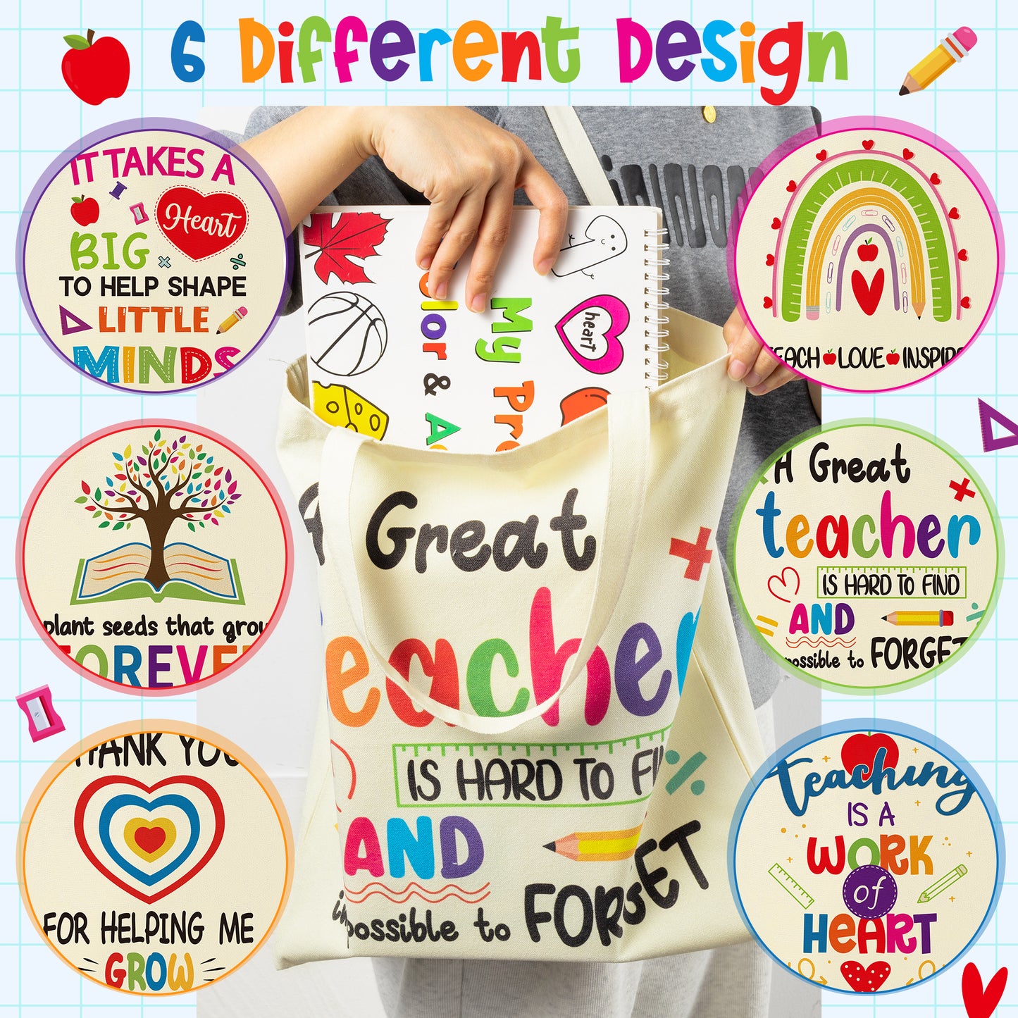 Y1tvei Teacher Canvas Tote Bags - 6Pcs Colorful Rainbow Apple Teacher Large Canvas Tote Bags Bulk Funny Teacher Love Inspire Grocery Bag Thank You Teacher Appreciation Week Gifts for Women Retirement