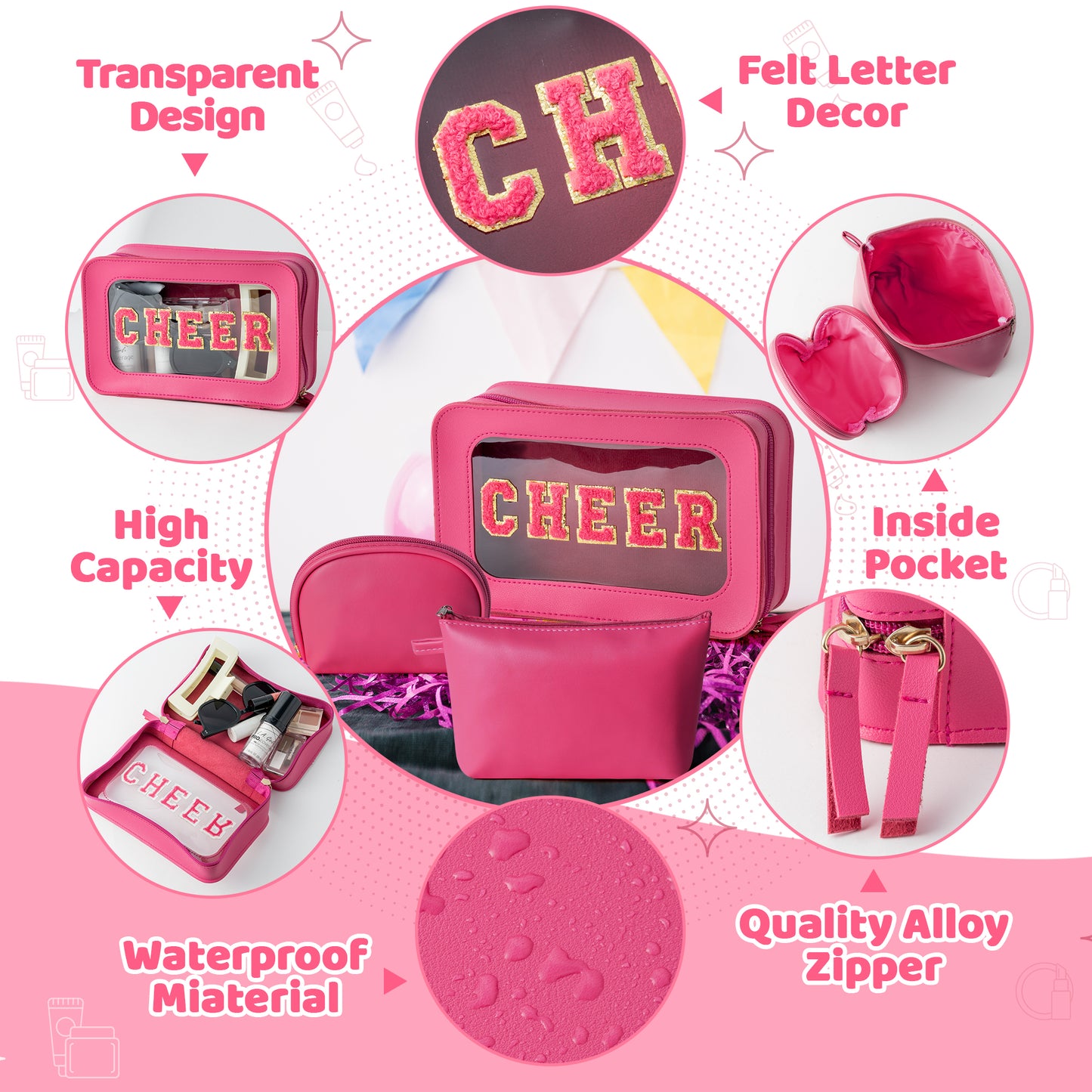 Y1tvei CHEER Clear Cosmetic Bag - 3Pcs Hot Pink Cheer Chenille Patch Clear Makeup Bag , Leather Waterproof Travel Toiletry Organizer with Makeup Pouch for Purse, Cheer Gift for Cheerleader(Rose Red)