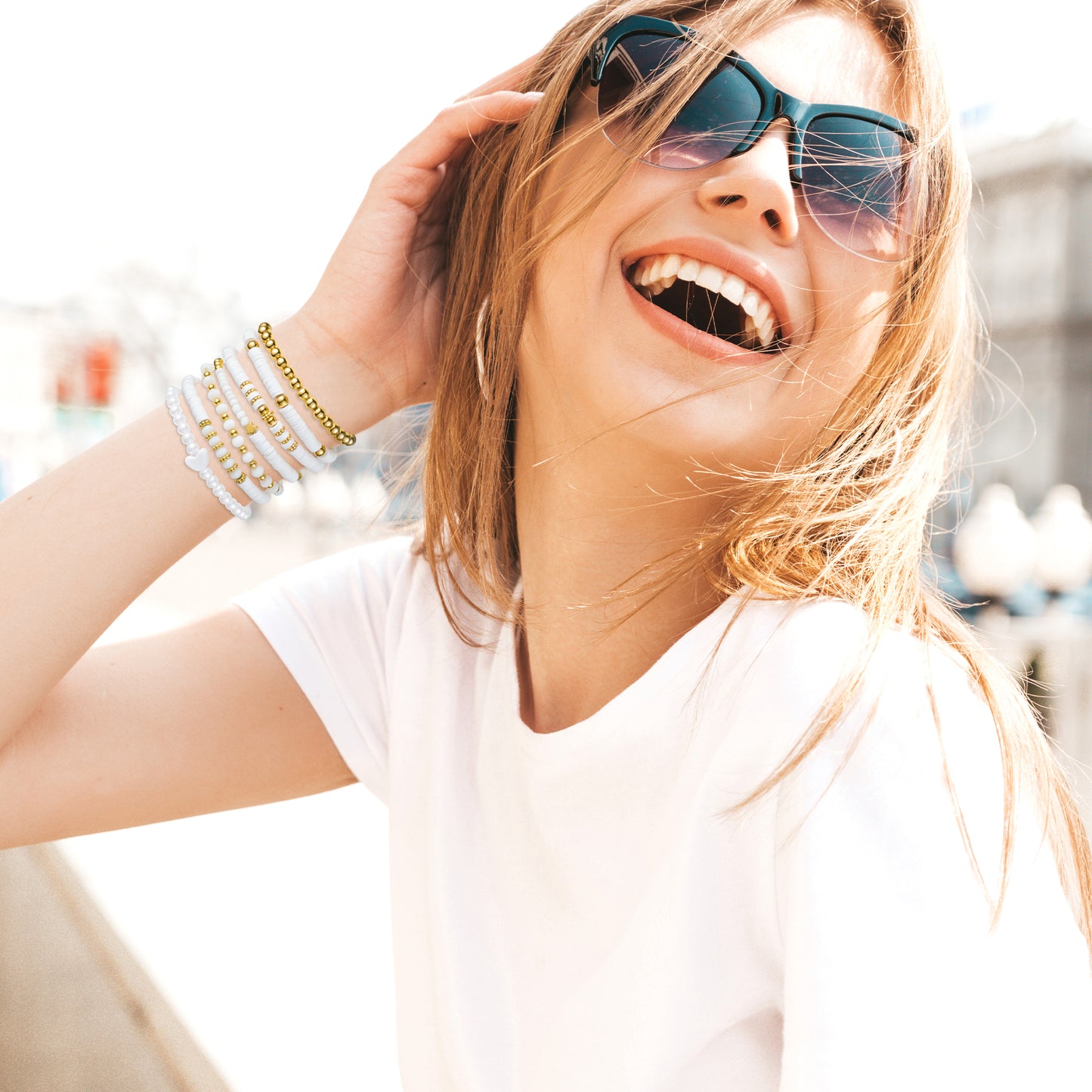 Y1tvei White Clay Bead Bracelets - 7Pcs White Surfer Heishi Clay Bead Bracelet Stackable Gold Plated Bead Stretch Pearl Bracelet Layering Summer Beach Jewelry Friendship Bracelet for Women Teen Girls