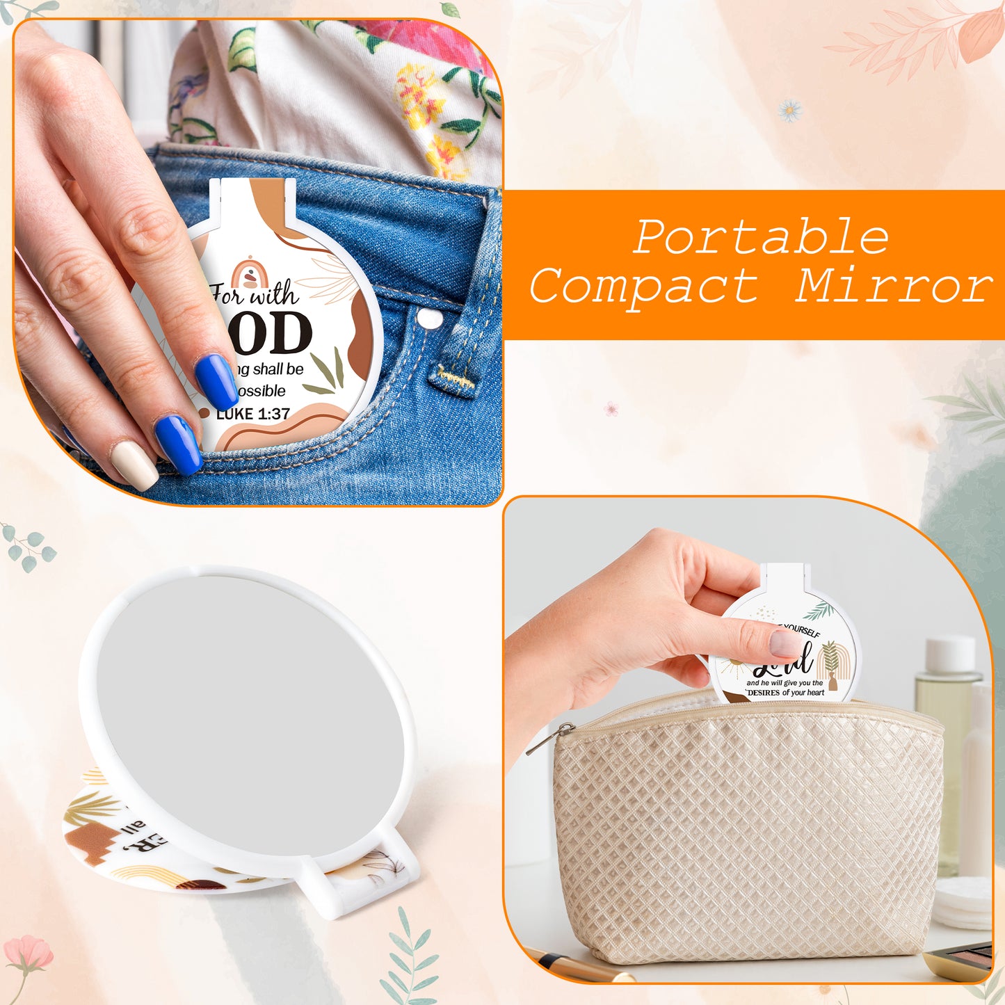 Y1tvei Bible Verse Folding Mirrors - 36Pcs Boho Christian Gifts Bulk Bible Verse Folding Compact Mirrors Inspirational Small Portable Round Pocket Makeup Mirror for Purse Church Party Favors for Women