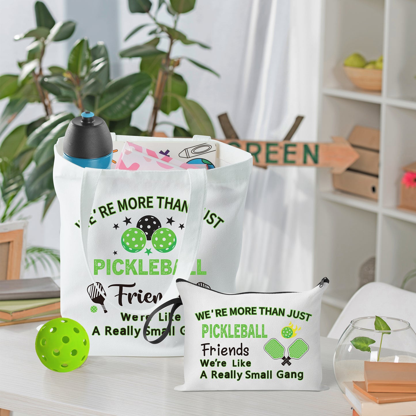 Y1tvei Pickleball Canvas Tote Bag - 2Pcs Pickleball We're More Than Just Friends Cosmetic Tote Bag Set, Reusable Grocery Folding Shopping Bag, Funny Unique Pickleball Gifts for Women Pickleball Lovers