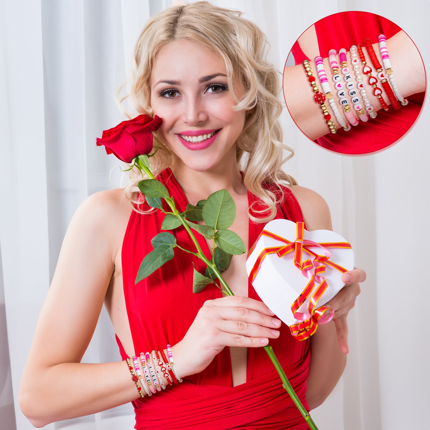 Y1tvei Valentine's Day Bracelet for Women - 7Pcs Pink Red Clay Bead Surfer Bracelet Set Love Heart Gold Plated Bead Stackable Stretch Bracelet Layering Jewelry Friendship Bracelet Gift for Women Lover