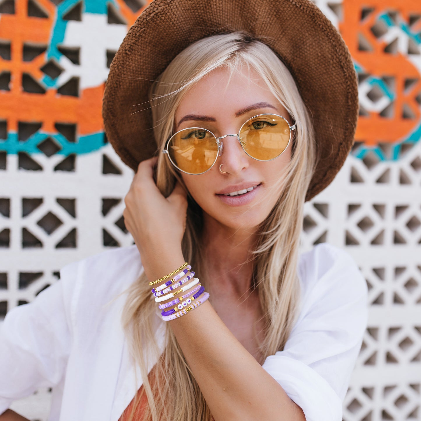 Y1tvei Purple Heishi Bead Bracelets - 7Pcs Purple Clay Bead Surfer Bracelet Set Stackable Gold Plated Bead Stretch Bracelet Boho Layering Summer Beach Jewelry Friendship Bracelet for Women Teen Girls