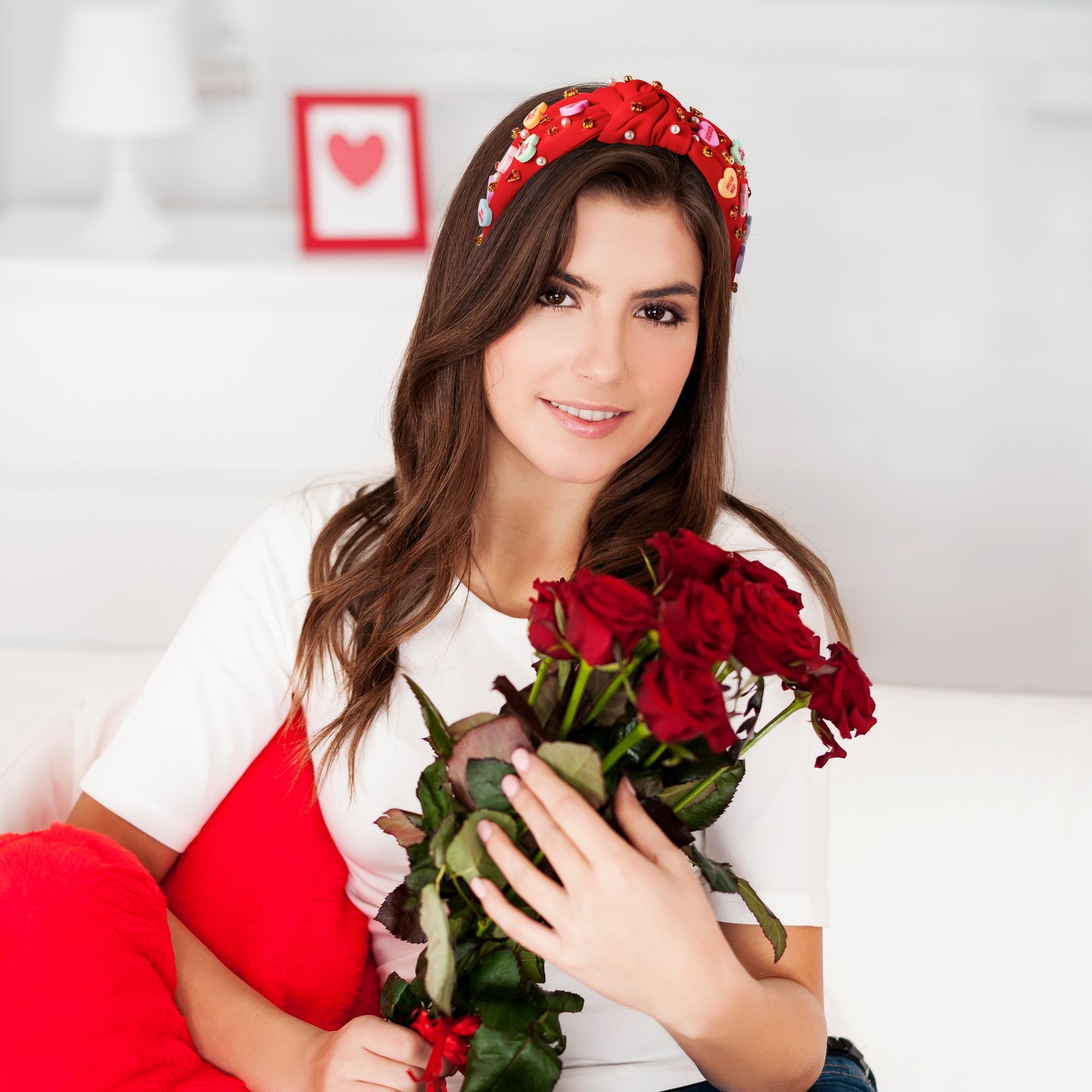 Y1tvei Valentine's Day Knotted Headband - Red Conversation XOXO Heart Love Crystal Rhinestone Headband Wide Top Knot Fashion Headband Non Slip Trendy Holiday Hair Accessories Gift for Women Lover