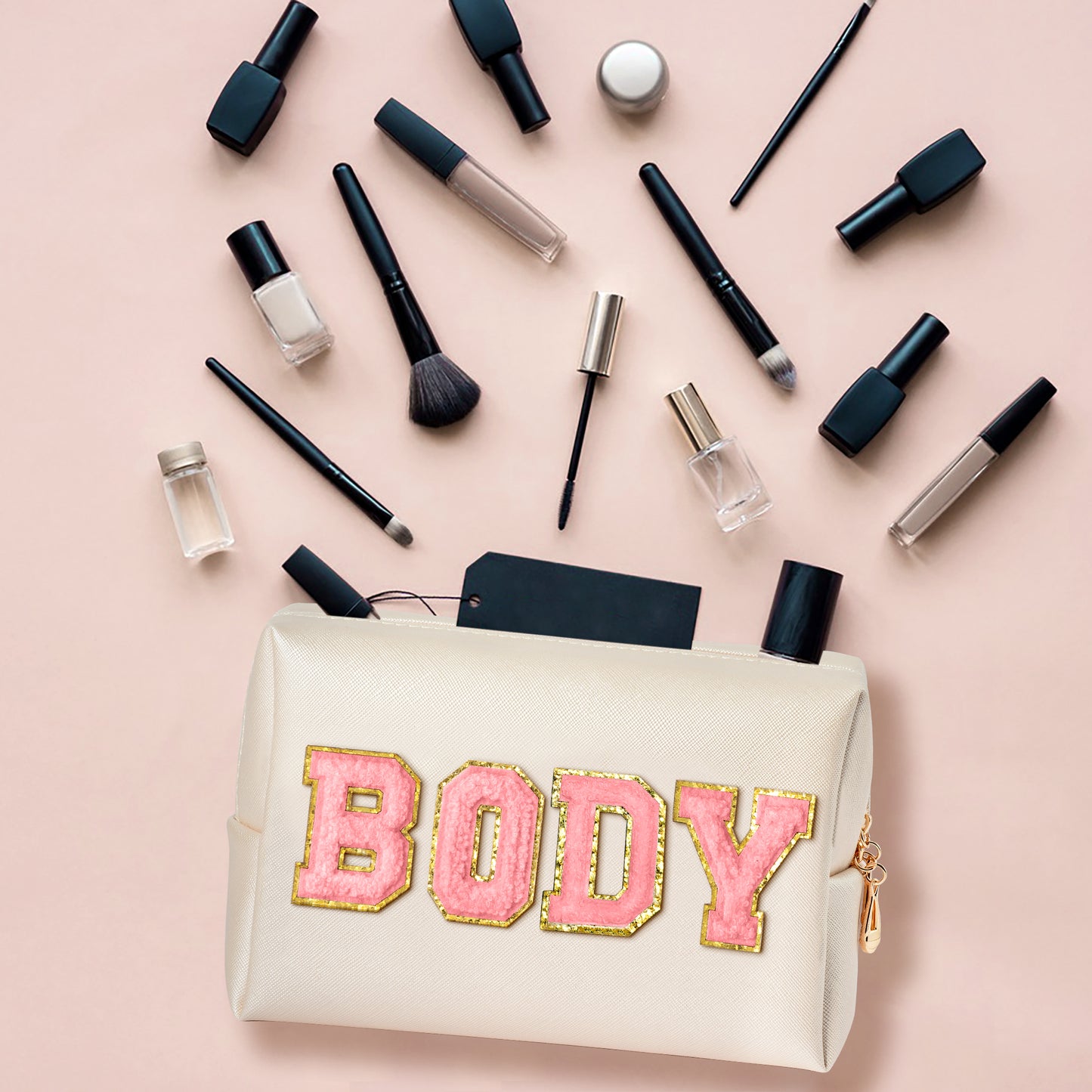 Y1tvei Body Parts Makeup Bag - Preppy Patch Pink Body Chenille Varsity Letter Cosmetic Bag, PU Leather Waterproof Portable Toiletry Bag, Zipper Pouch Travel Cosmetic Organizer for Women(Shell Gold)