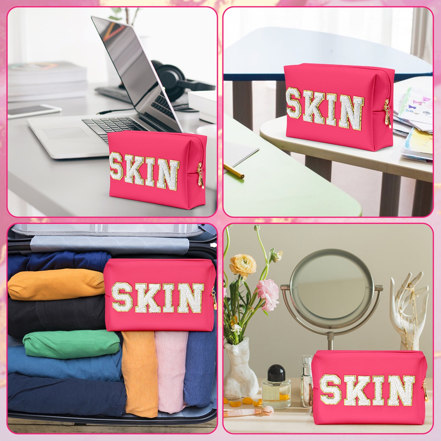 Y1tvei Travel Makeup Bag Gift, Large Capacity Cosmetic Bags, Nylon Stony Clover Makeup Bag Preppy Patch Makeup Bag Pink Stuff Chenille Letter Pouch Skin Bath PU Leather Makeup Bag Preppy Pouch, 3Pcs
