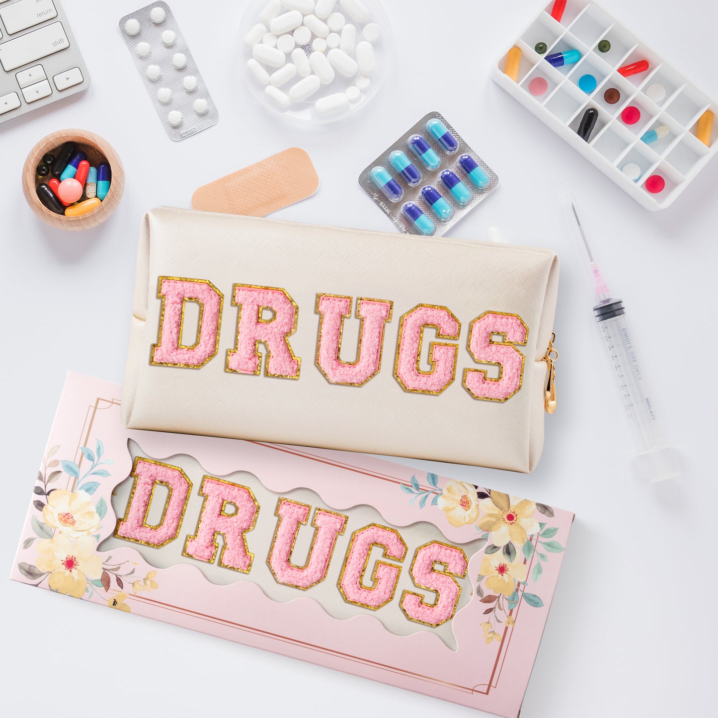 Y1tvei DRUGS Letter Cosmetic Bag - Preppy Pink Drugs Chenille Varsity Letter Makeup Bag, Leather Waterproof Toiletry Bag, Large Medicine Pouch for Purse Travel Cosmetic Organizer for Women(Shell Gold)