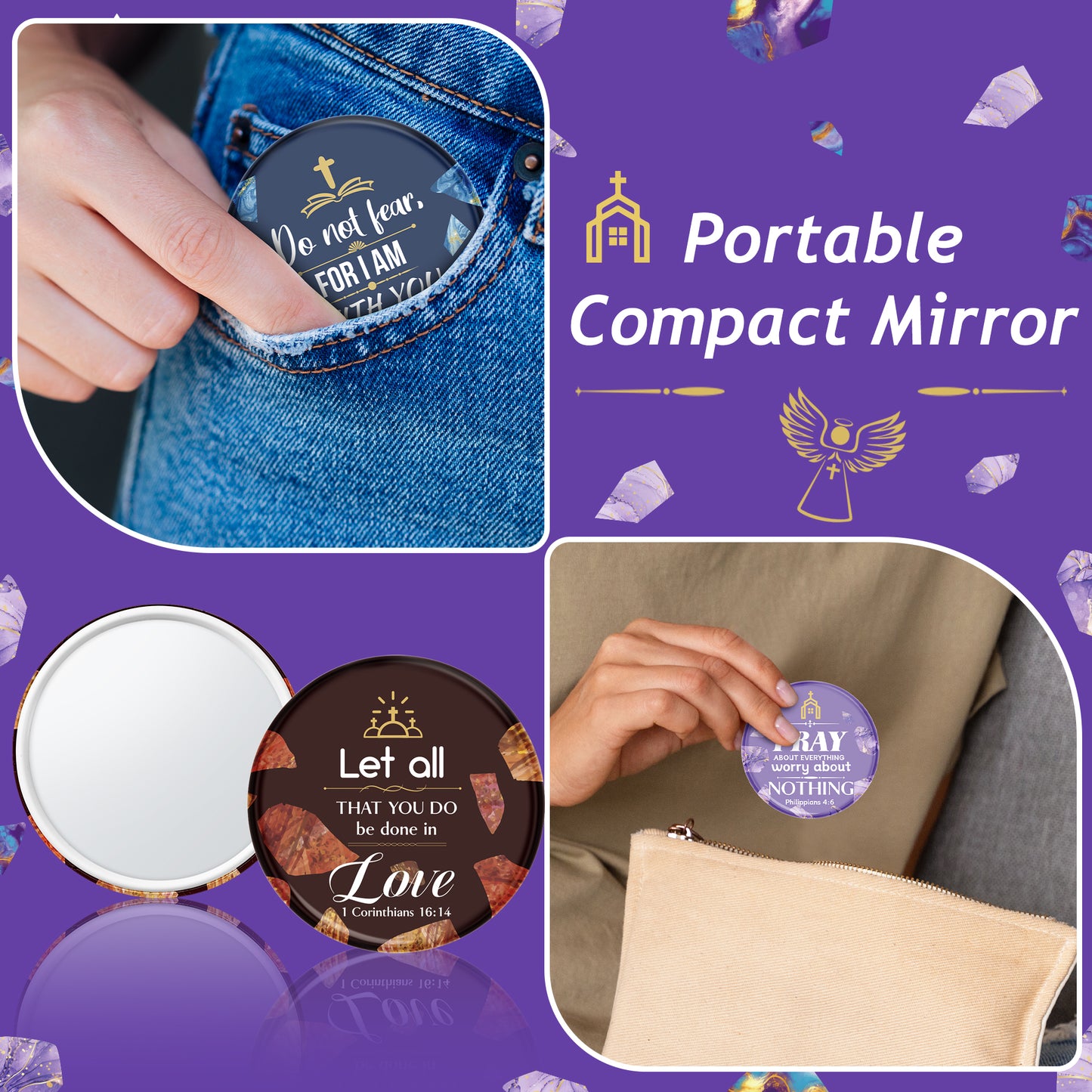 Y1tvei Christian Gifts Bulk Mirror - 36Pcs Marble Pattern Bible Verse Mini Compact Mirrors Inspirational Small Portable Pocket Makeup Mirror for Purse Church Party Favors Scripture Gifts for Women
