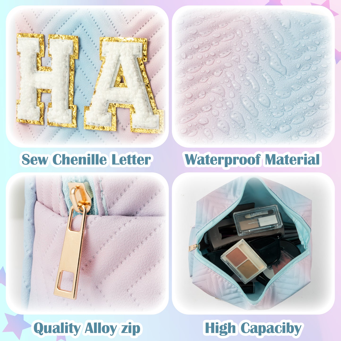 Y1tvei Preppy Patch SKIN HAIR Chenille Letter Blue Pink Gradient Makeup Bag Colorful Leather Waterproof Portable Fantasy Cosmetic Pouch Travel Toiletry Bag Carry On Zipper Organizer Gifts for Women