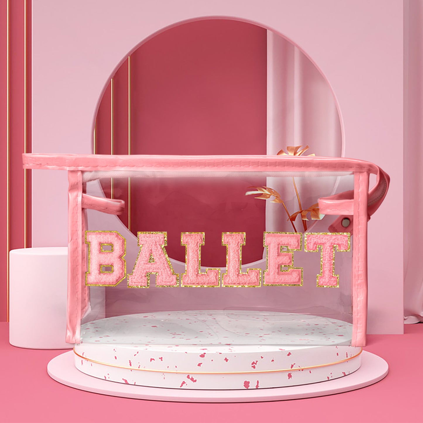 Y1tvei Clear BALLET Makeup Bag - Preppy Pink BALLET Chenille Varsity Letter Patch Cosmetic Bag Large Transparent Waterproof Ballerina Makeup Pouch Dance Recital Travel Toiletry Bag for Dancer(Pink)