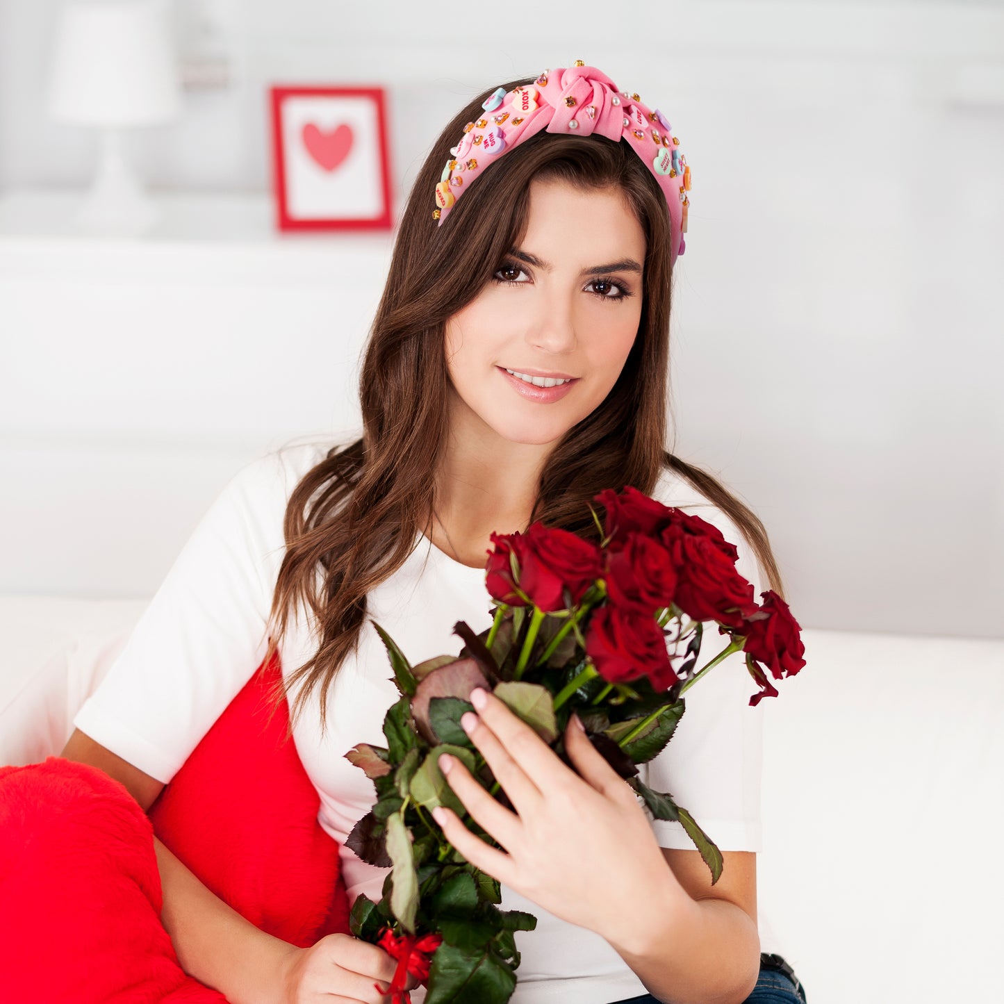 Y1tvei Valentine's Day Knotted Headband - Pink Conversation XOXO Heart Love Crystal Rhinestone Headband Wide Top Knot Fashion Headband Non Slip Trendy Holiday Hair Accessories Gift for Women Lover