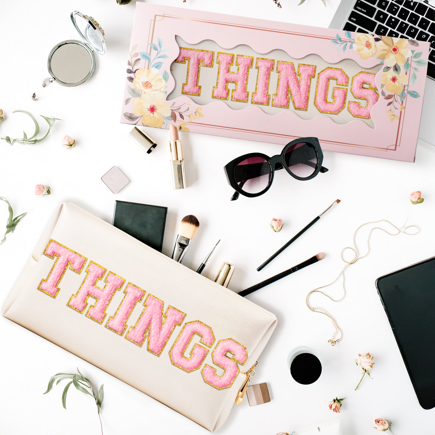 Y1tvei Large THINGS Cosmetic Bag - Preppy Pink Things Chenille Varsity Letter Makeup Bag, Leather Waterproof Toiletry Bag Zipper Pouch for Purse Travel Cosmetic Organizer Gift for Women(Shell Gold)