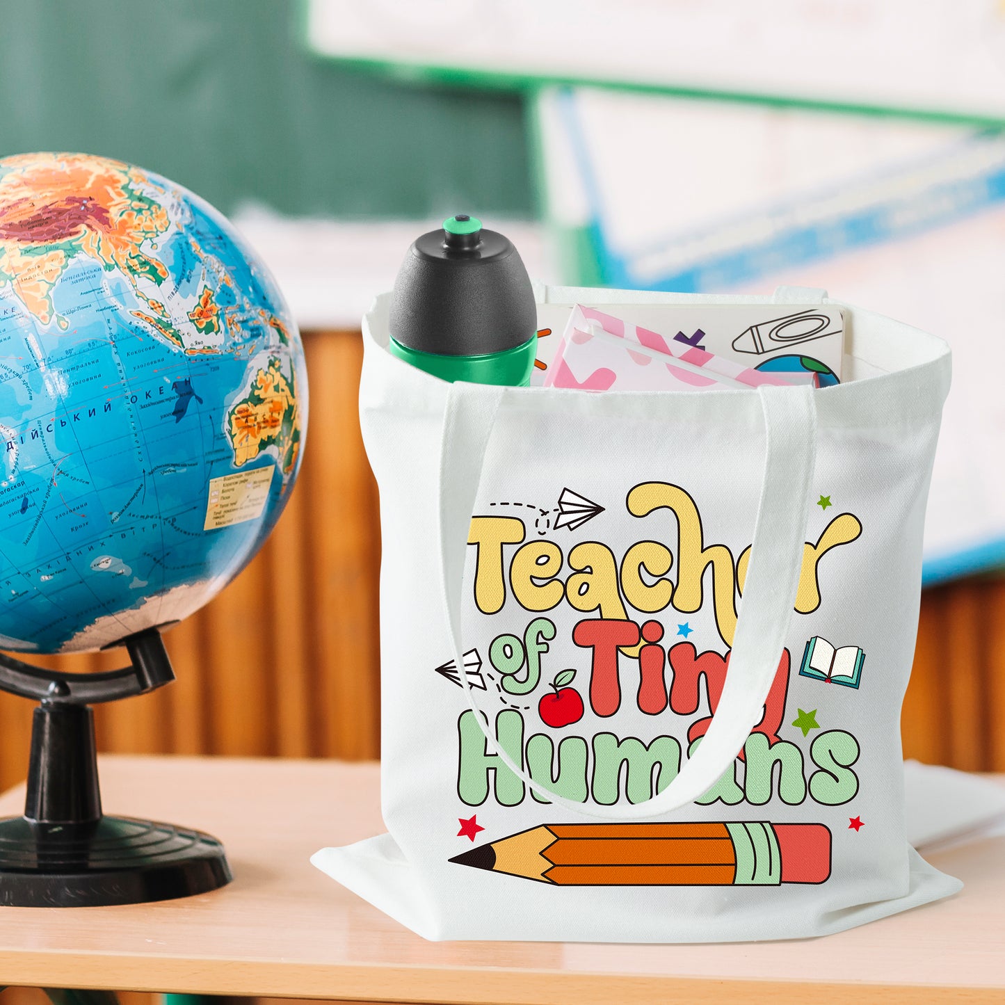 Y1tvei Teacher Appreciation Gift Bag - 2Pcs Funny Teacher Canvas Makeup Bag Set, Rainbow Teacher of Tiny Humans Tote Bag, Foldable Reusable Grocery Folding Shopping Bag, Teachers Day Gifts for Women