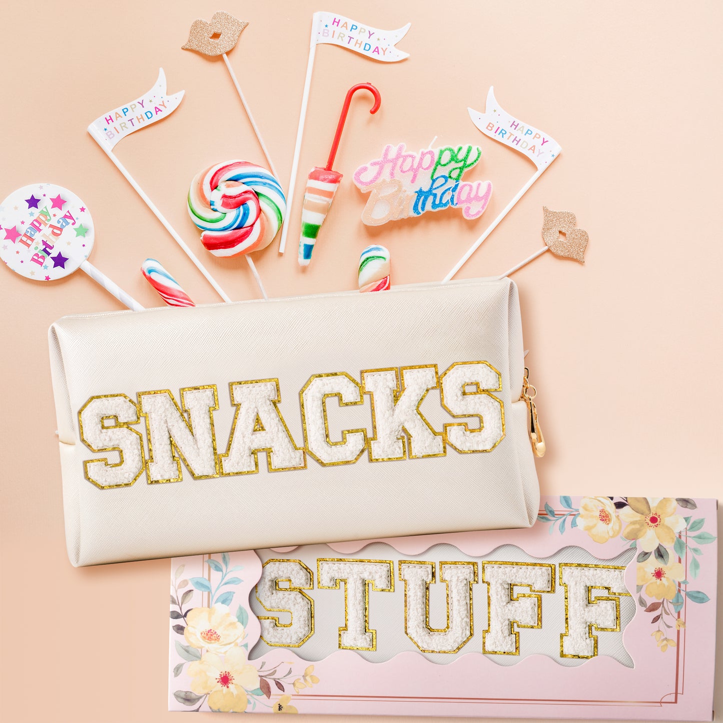 Y1tvei SNACKS STUFF Bag Pouch - Preppy White Snacks Stuff Chenille Varsity Letter Makeup Bag Leather Waterproof Toiletry Cosmetic Zipper Pouch for Purse Travel Organizer Gift for Women(Shell Gold)