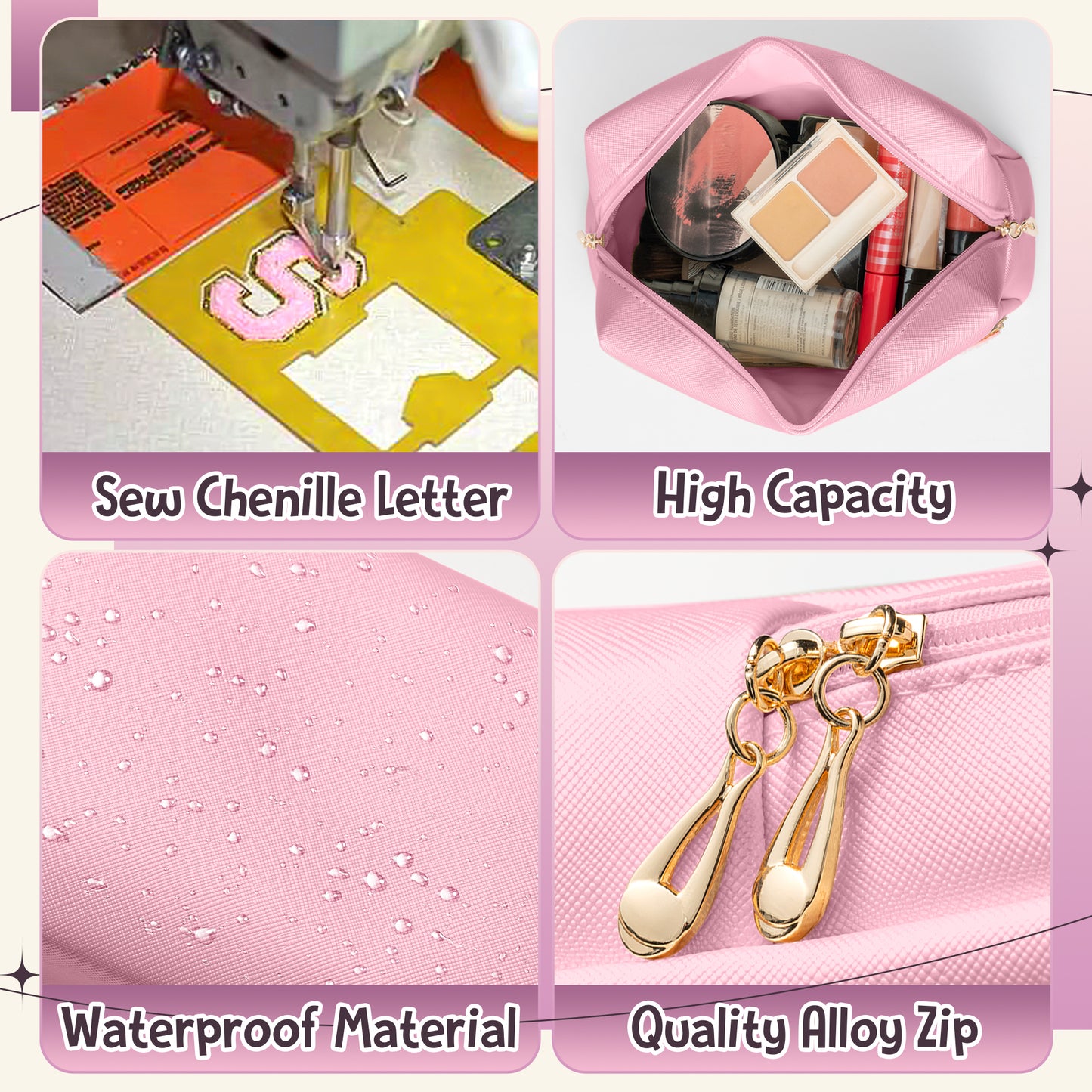 Y1tvei Ballet Cosmetic Bag for Girls - Preppy Patch BALLET Pink Chenille Letter Makeup Bag PU Leather Waterproof Portable Ballerina Makeup Pouch Dance Recital Travel Toiletry for Girl Dancer(Pink)