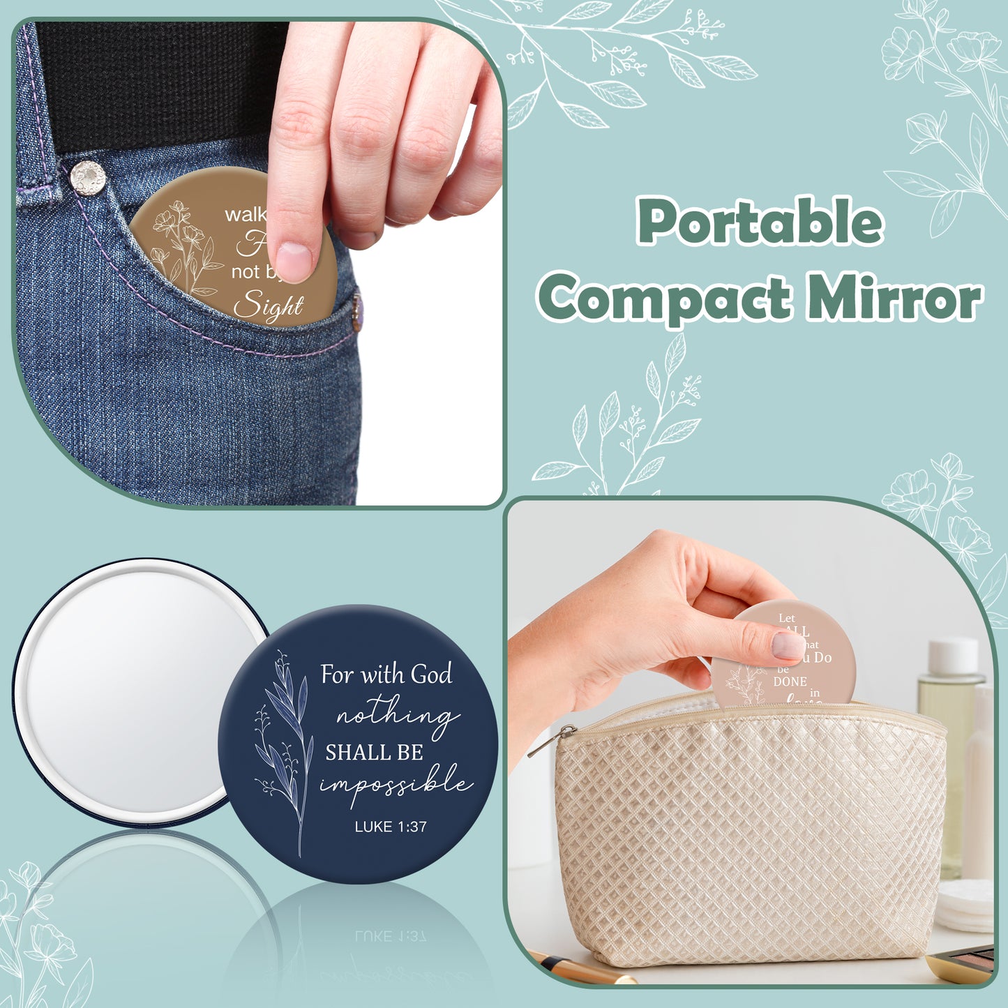 Y1tvei Mini Christian Compact Mirrors - 36Pcs Flower Sketch Art Bible Verse Compact Mirrors Bulk Small Portable Round Pocket Makeup Mirror Christian Inspirational Church Party Favors Gifts for Women