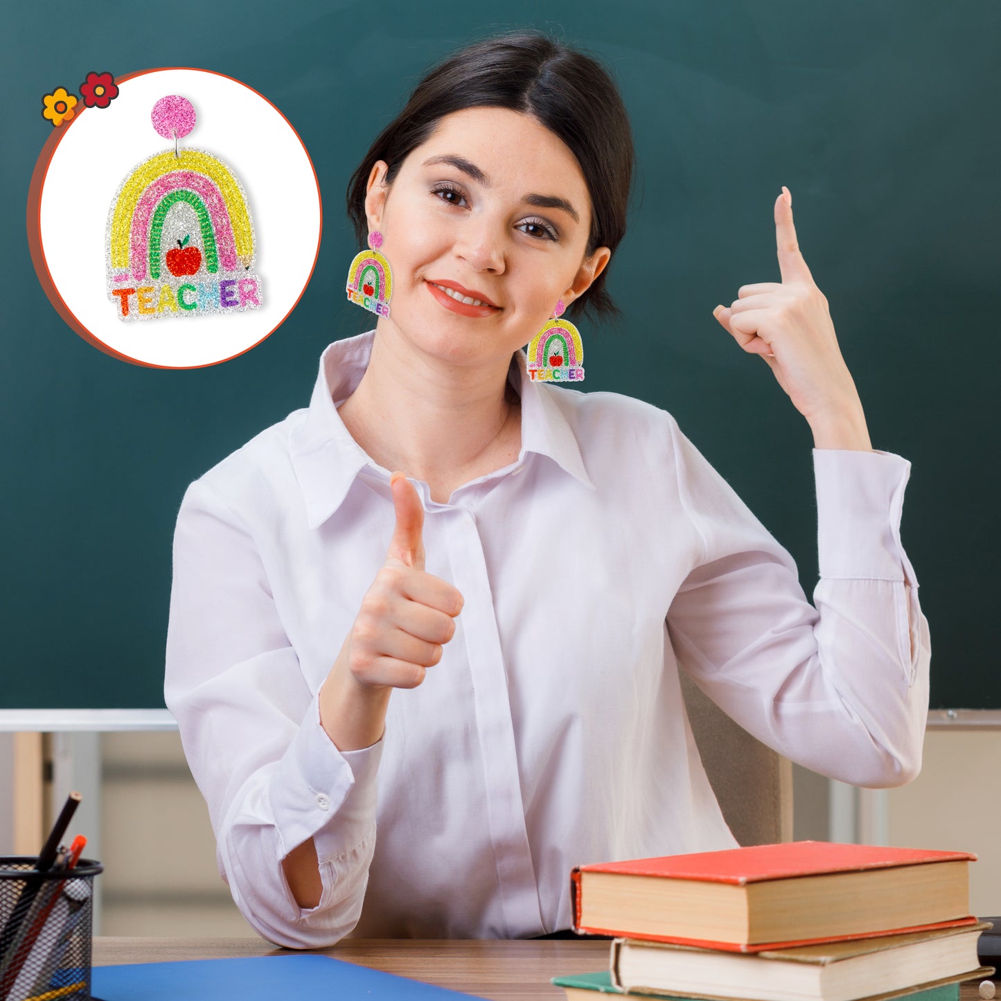 Y1tvei Teacher Earrings for Women - 9Pairs Colorful Rainbow Apple Pencil Book Sparkly Glitter Acrylic Earring Drop Dangle Lightweight Cute Back to School Teacher Jewelry Accessories Appreciation Gifts