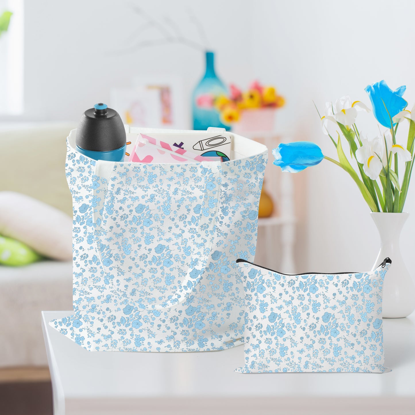 Y1tvei Blue Floral Canvas Bag - 2Pcs Light Blue Floral Canvas Tote Bag Set, Cute Little Flower Makeup Bag, Reusable Grocery Folding Shopping Bag, Coquette Aesthetic Floral Makeup Pouch Gifts for Women