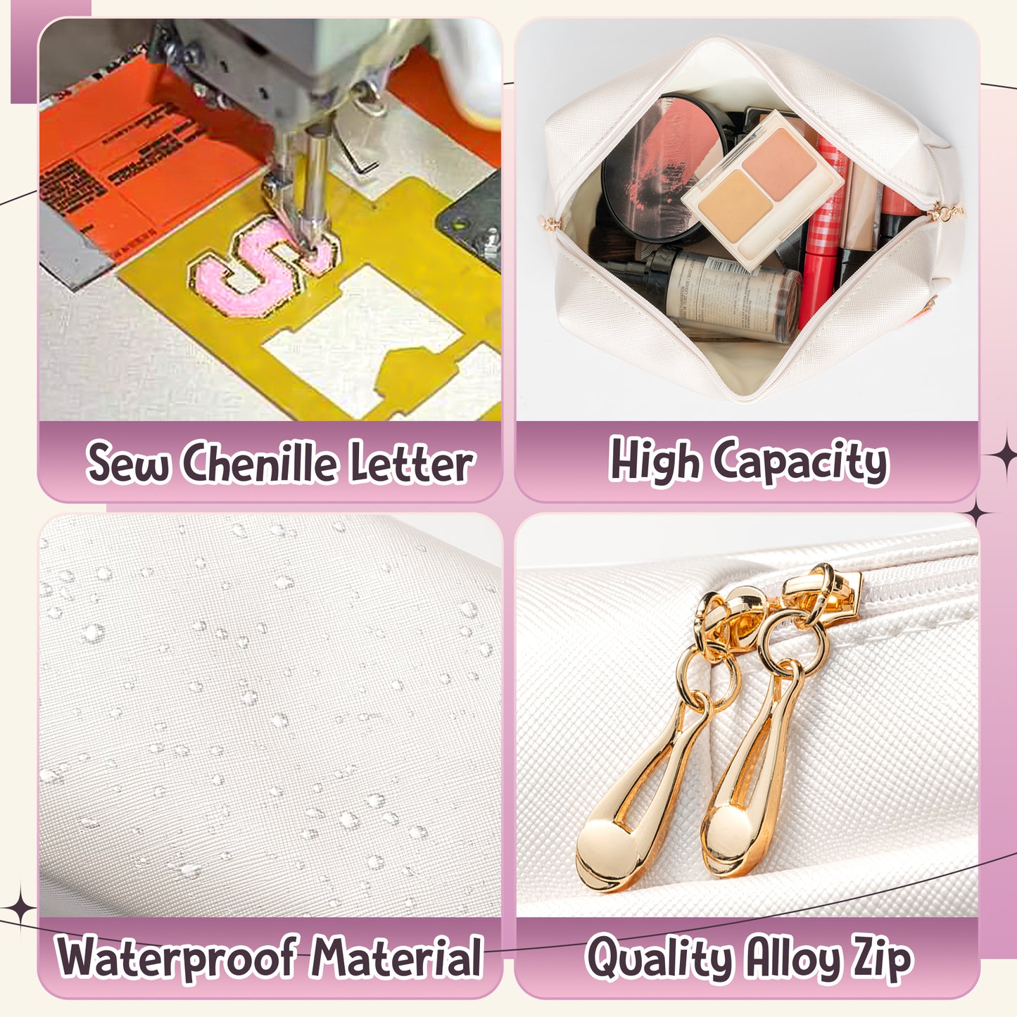 Y1tvei Ballet Cosmetic Bag for Girls - Preppy Patch BALLET Pink Chenille Letter Makeup Bag PU Leather Waterproof Portable Ballerina Makeup Pouch Dance Recital Travel Toiletry for Girl Dancer(White)