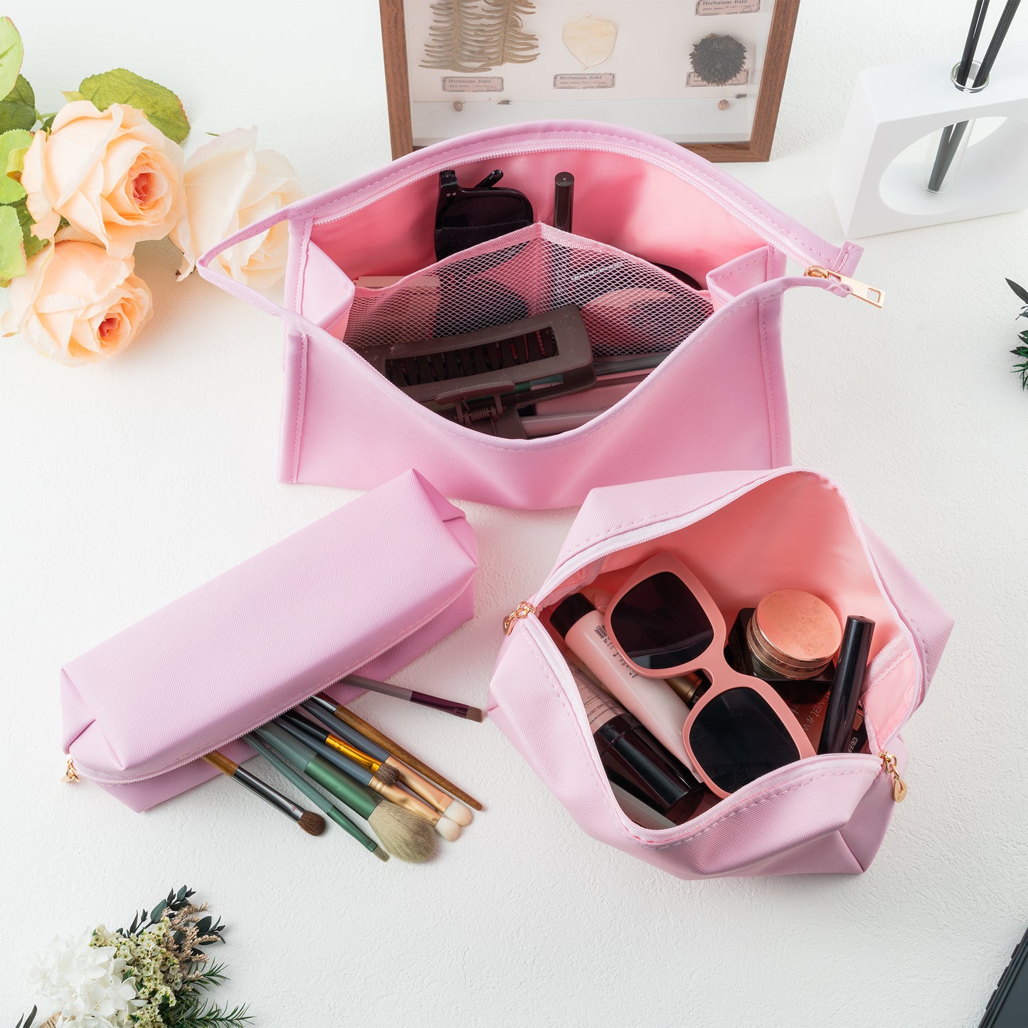 Y1tvei Makeup Bag for Women - 3Pcs Minimalist PU Leather Makeup Bag Set, Large Cosmetic Pouch with Zipper for Purse, Travel Makeup Brush Holder, Waterproof Portable Cosmetic Toiletry Organizer(Pink)