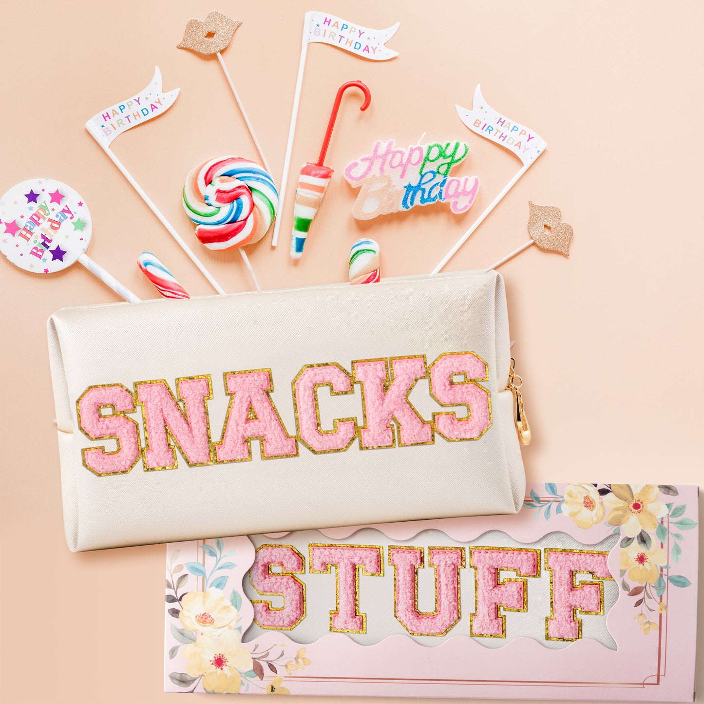Y1tvei SNACKS STUFF Bag Pouch - Preppy Pink Snacks Stuff Chenille Varsity Letter Makeup Bag Leather Waterproof Toiletry Cosmetic Bag Zipper Pouch for Purse Travel Organizer Gift for Women(Shell Gold)