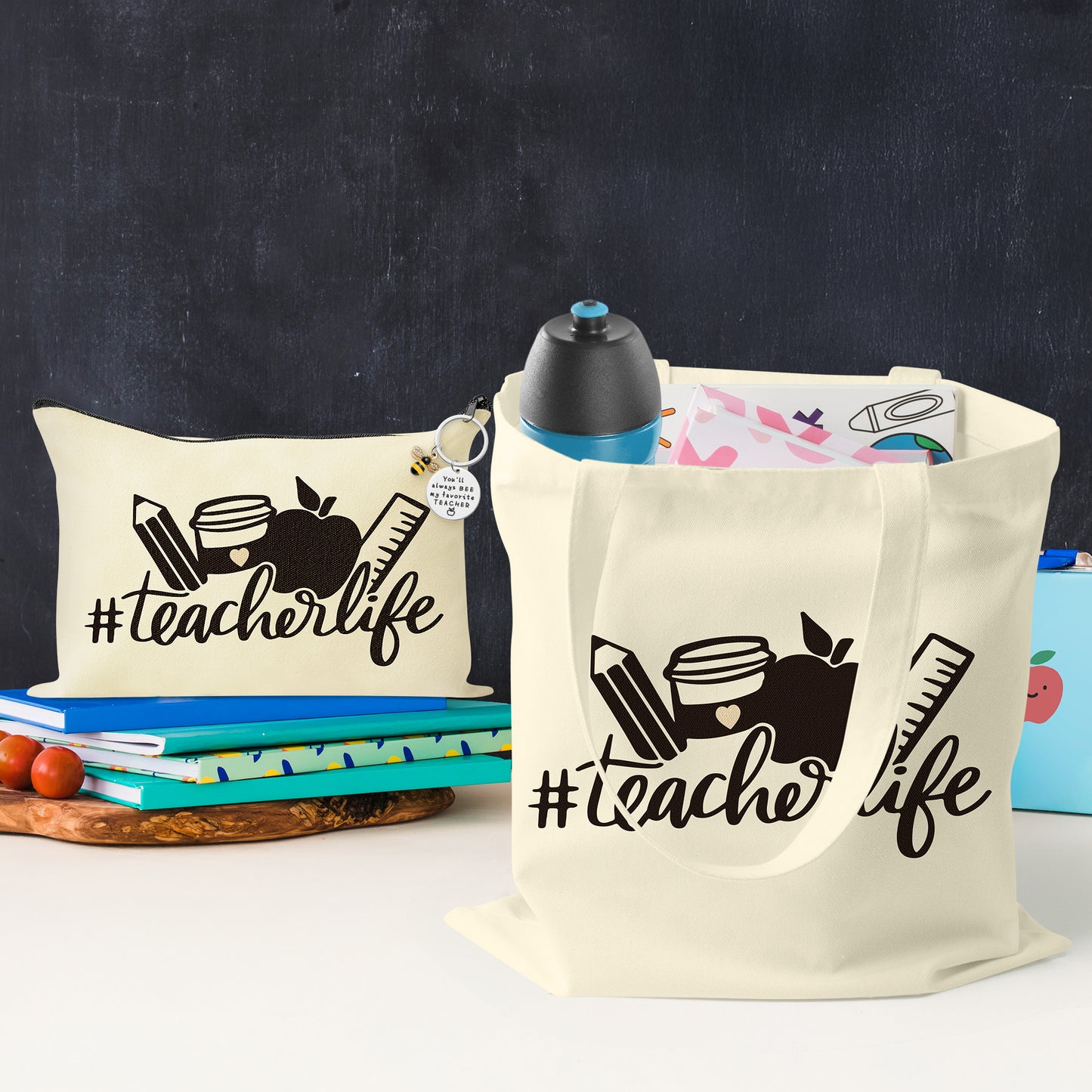 Y1tvei Teacher Appreciation Tote Bag - 3Pcs Teacher Life Canvas Tote Bag Set with Bee Keychain Apple Pencil Love Inspire Makeup Bag Grocery Shopping Bag Appreciation Week Back to School Gift for Women