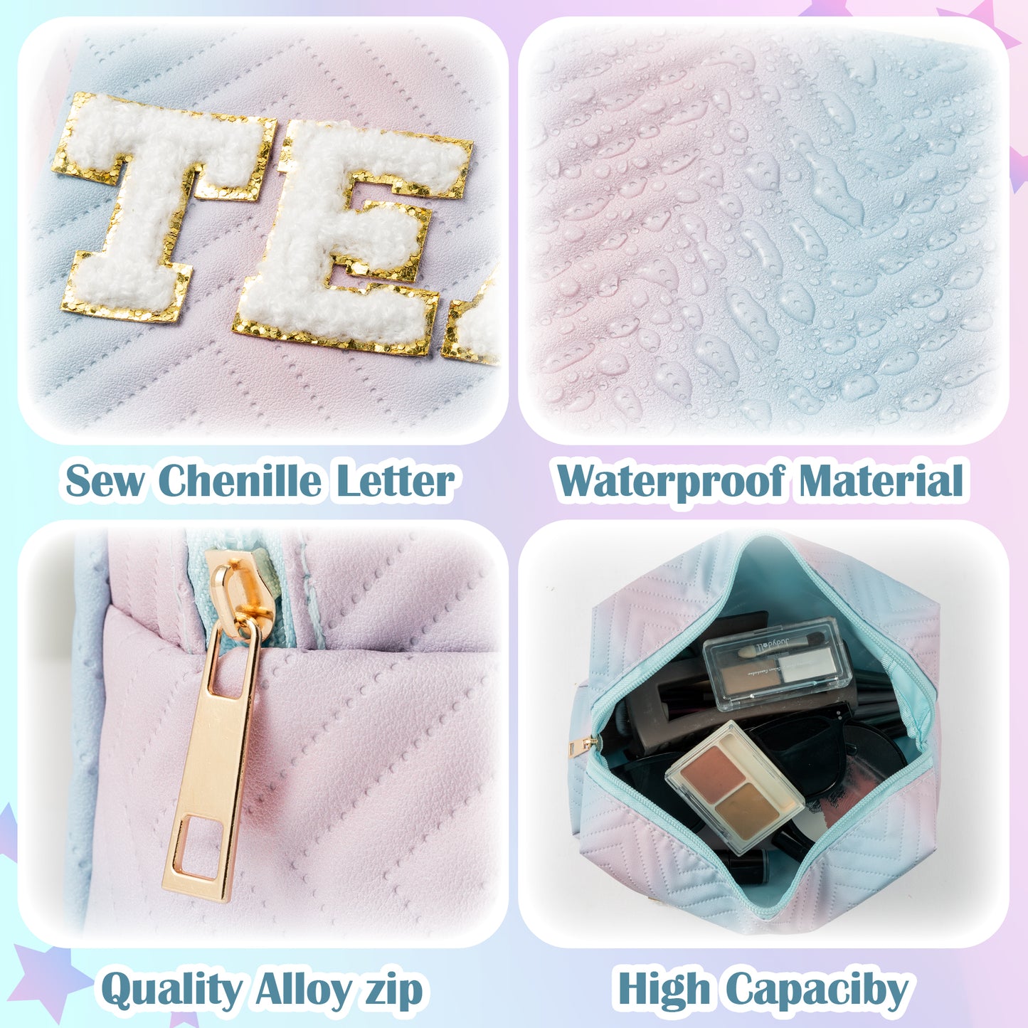 Y1tvei TEACH Gradient Makeup Bag - Preppy TEACH Chenille Letter Patch Blue Pink Gradient Makeup Bag Colorful Leather Waterproof Cosmetic Pouch Toiletry Bag Teacher Appreciation Gifts for Women Teacher