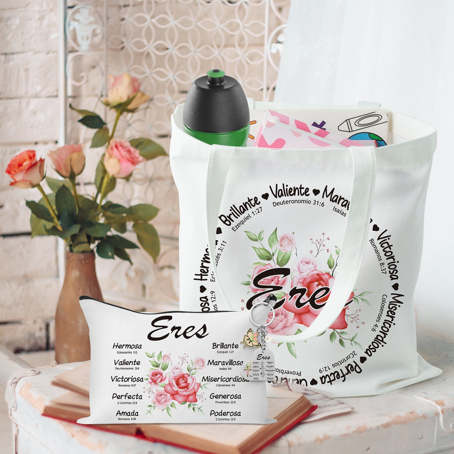 Y1tvei Spanish Christian Gifts For Women - 3Pcs Flower Spanish Bible Verse Canvas Tote Bag with Keychain Inspirational Christian Religious Makeup Cosmetic Bag Spiritual Catholic Gifts for Women Faith