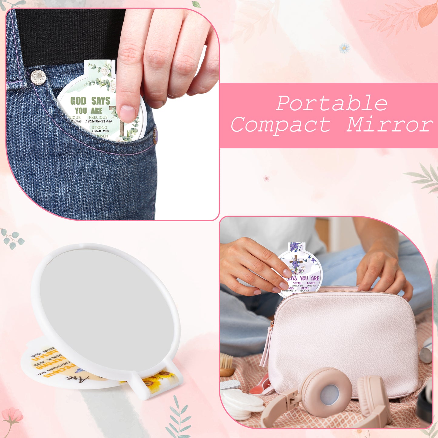 Y1tvei Christian Gifts Compact Mirror - 36Pcs Flower Cross God Say You Are Bible Verse Folding Compact Mirrors Inspirational Small Portable Pocket Makeup Mirror for Purse Church Party Favors for Women