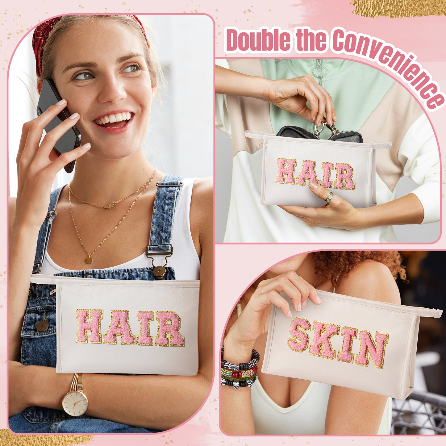 Y1tvei SKIN HAIR Makeup Bag - Pink Preppy Skin Hair Chenille Letter Pouch for Travel, Large Waterproof Portable PU Leather Cosmetic Toiletry Bags, Zipper Flat Pouch Travel Organizer for Women(White)