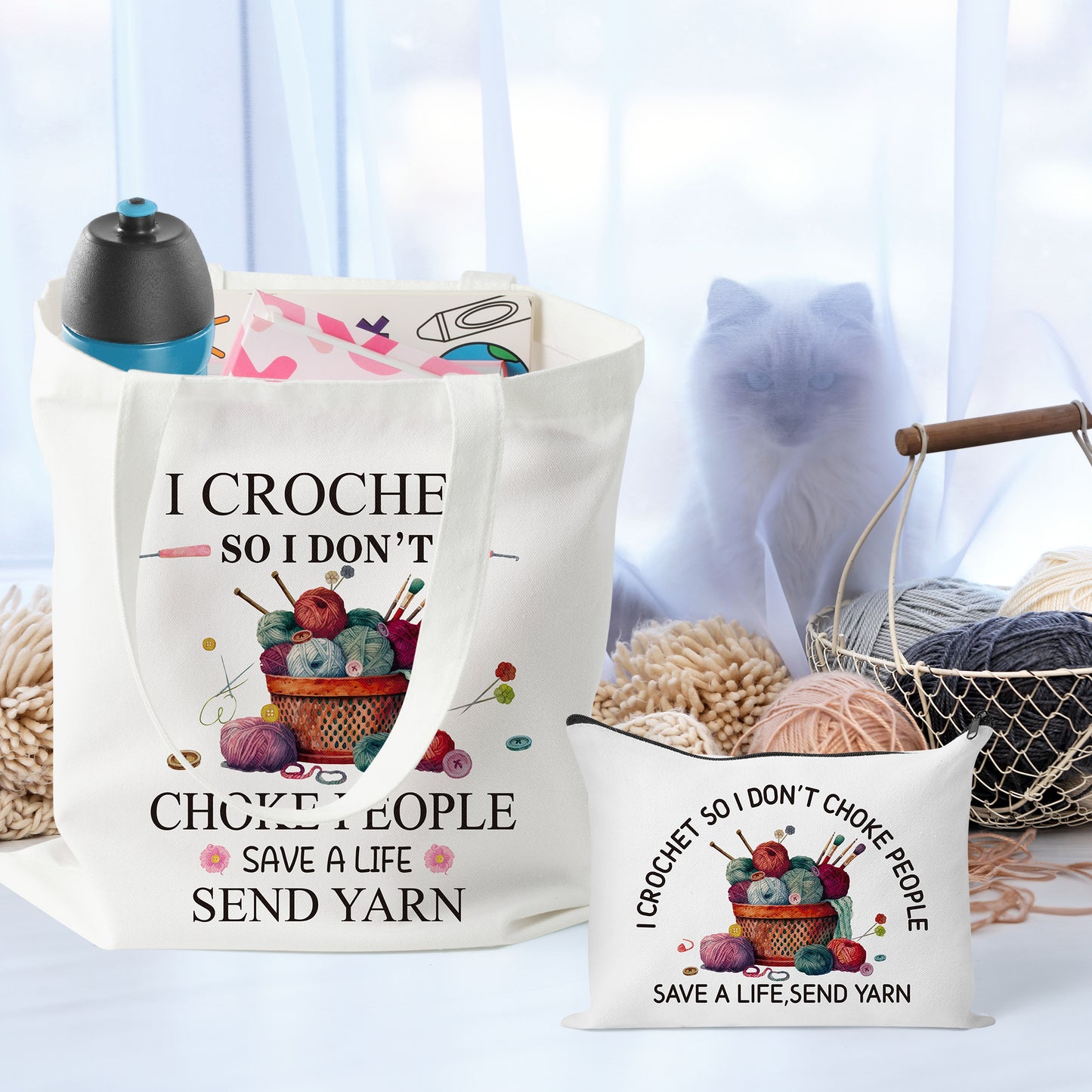 Y1tvei Crochet Canvas Tote Bag - 2Pcs I Crochet So I Don't Choke People Save A Life Send Yarn Canvas Cosmetic Pouch Tote Bag, Reusable Grocery Folding Shopping Bag, Knitting Gifts for Crocheters Women