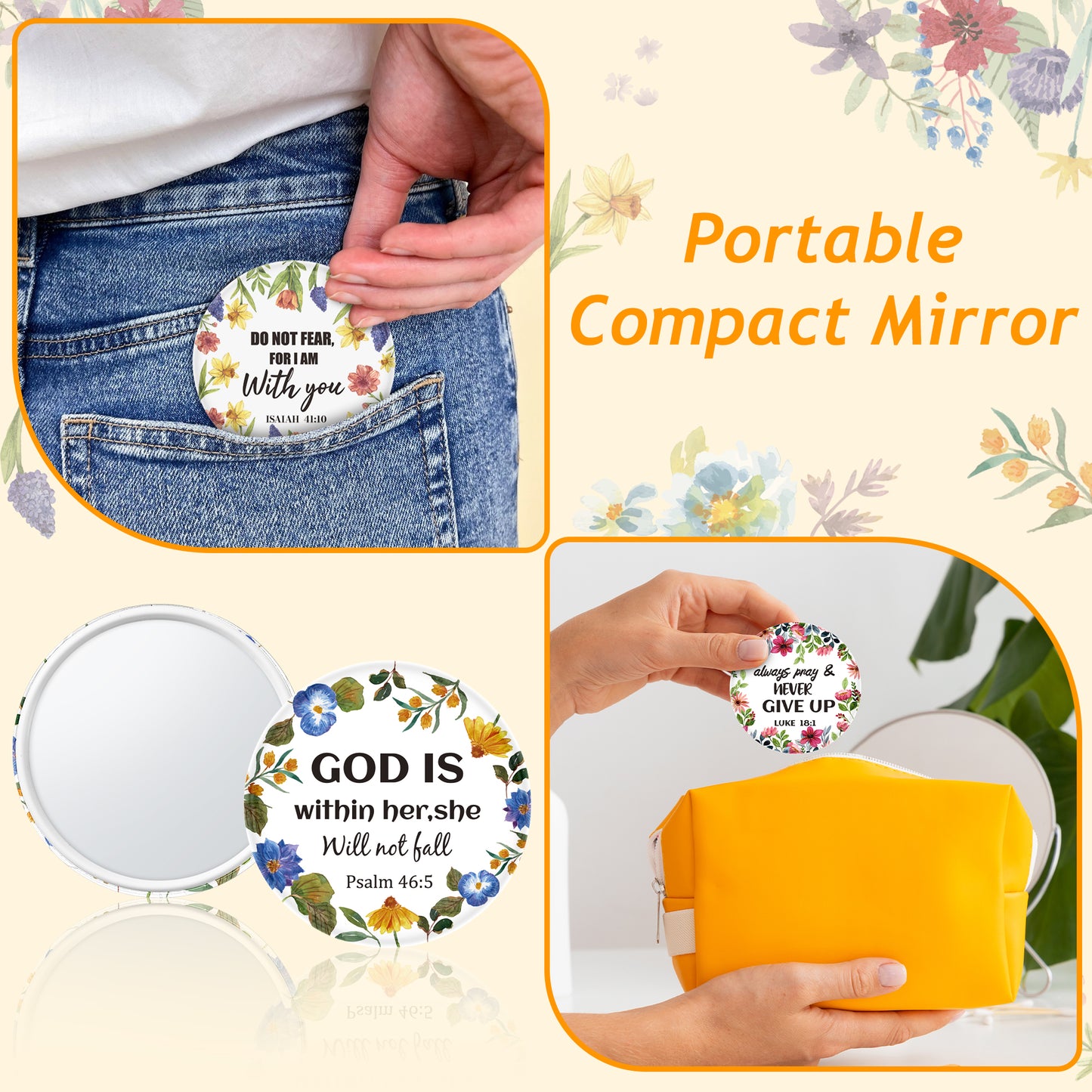 Y1tvei Bible Verse Compact Mirrors - 36Pcs Floral Bible Verse Mini Compact Mirrors Christian Gifts Bulk Inspirational Small Portable Round Pocket Makeup Mirror for Purse Church Party Favors for Women