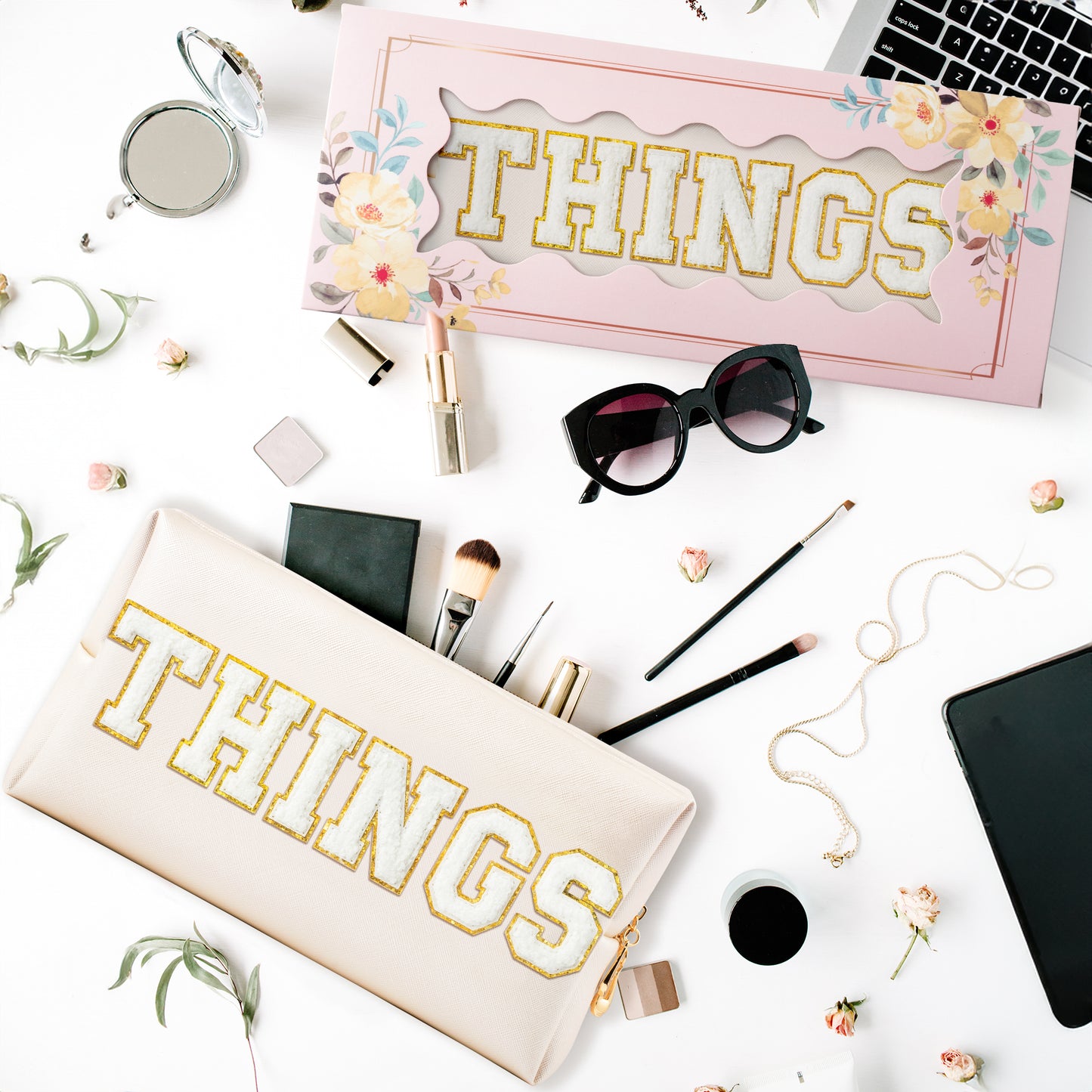 Y1tvei Large THINGS Cosmetic Bag - Preppy White Things Chenille Varsity Letter Makeup Bag, Leather Waterproof Toiletry Bag Zipper Pouch for Purse Travel Cosmetic Organizer Gift for Women(Shell Gold)