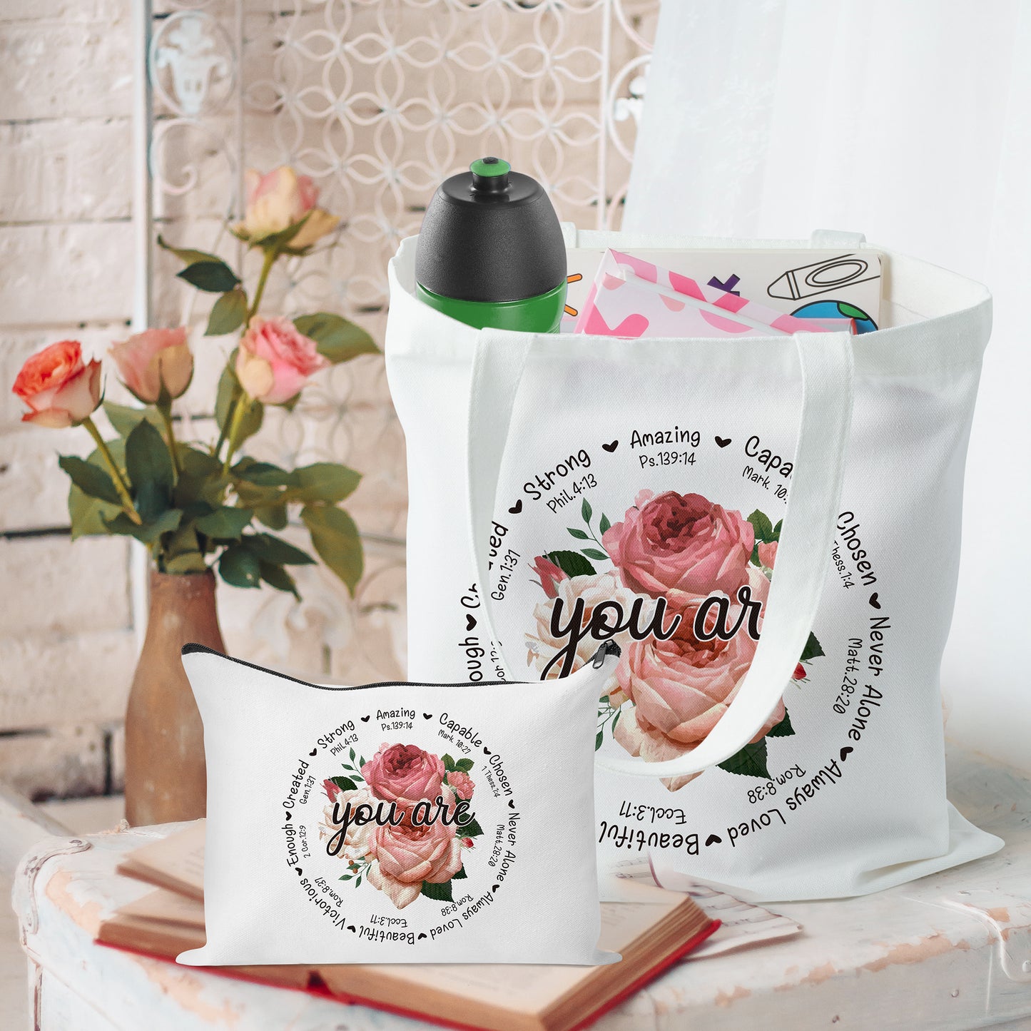 Y1tvei Christian Gifts for Women - 2Pcs Aesthetic Flower You are Beautiful Tote Makeup Bag Set, Christian Religious Bible Verse Canvas Reusable Tote Bag, Christian Encouragement Gifts for Women Faith