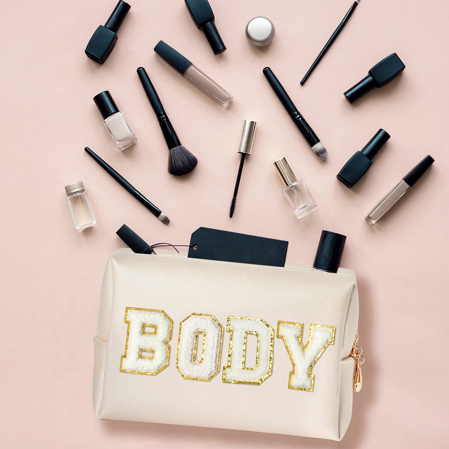 Y1tvei Body Parts Makeup Bag - Preppy Patch White Body Chenille Varsity Letter Cosmetic Bag, PU Leather Waterproof Portable Toiletry Bag, Zipper Pouch Travel Cosmetic Organizer for Women(Shell Gold)