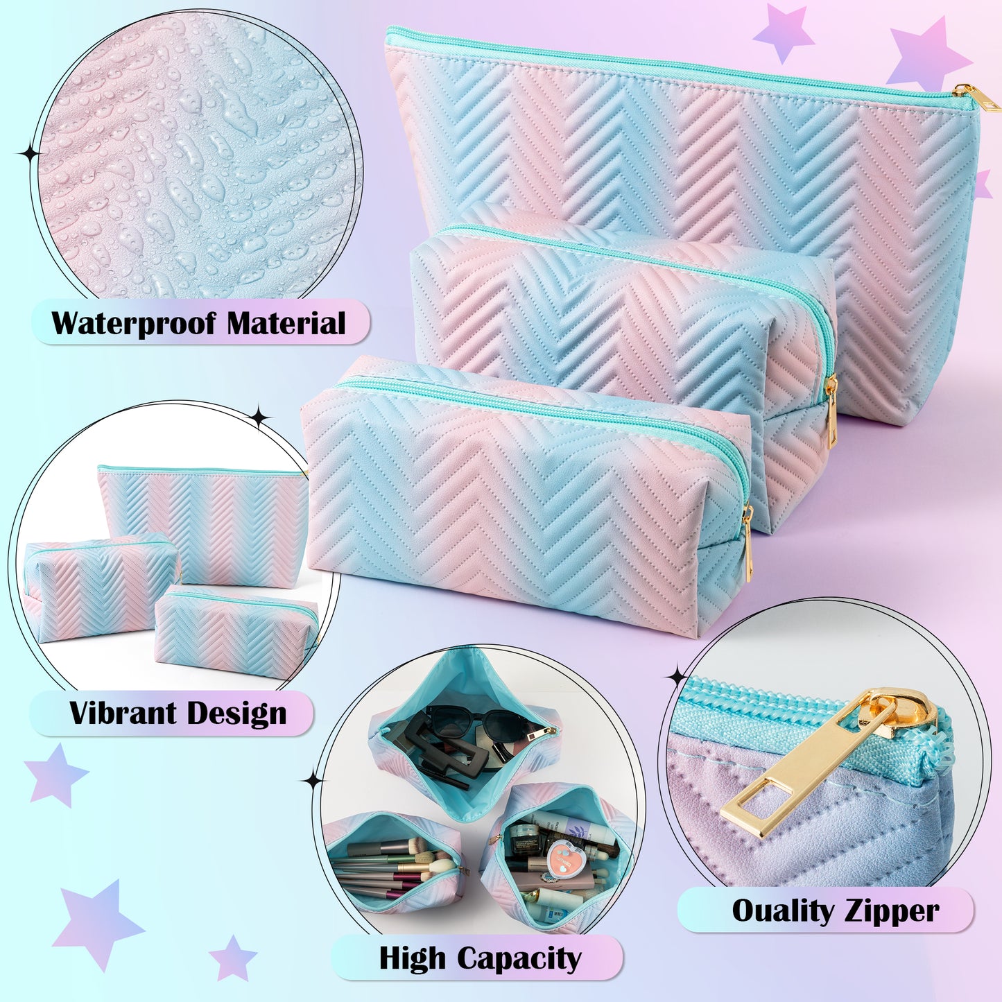 Y1tvei Gradient Makeup Bag Set - 3Pcs Blue Pink Gradient Makeup Bag Colorful Leather Waterproof Fantasy Cosmetic Pouch Makeup Brush Bag Zipper Carry Pouch Travel Toiletry Organizer Gifts for Women