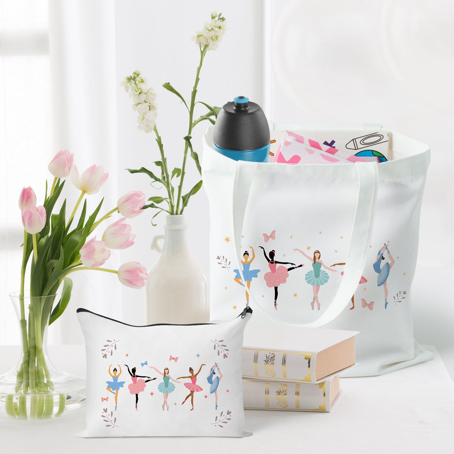Y1tvei Ballerina Canvas Tote Bag - 2Pcs Ballerina Watercolor Print Makeup Bag Set, Cute Ballet Dancing Girl Canvas Tote Bag, Reusable Grocery Shopping Bag, Dance Recital Gifts for Ballerina Women