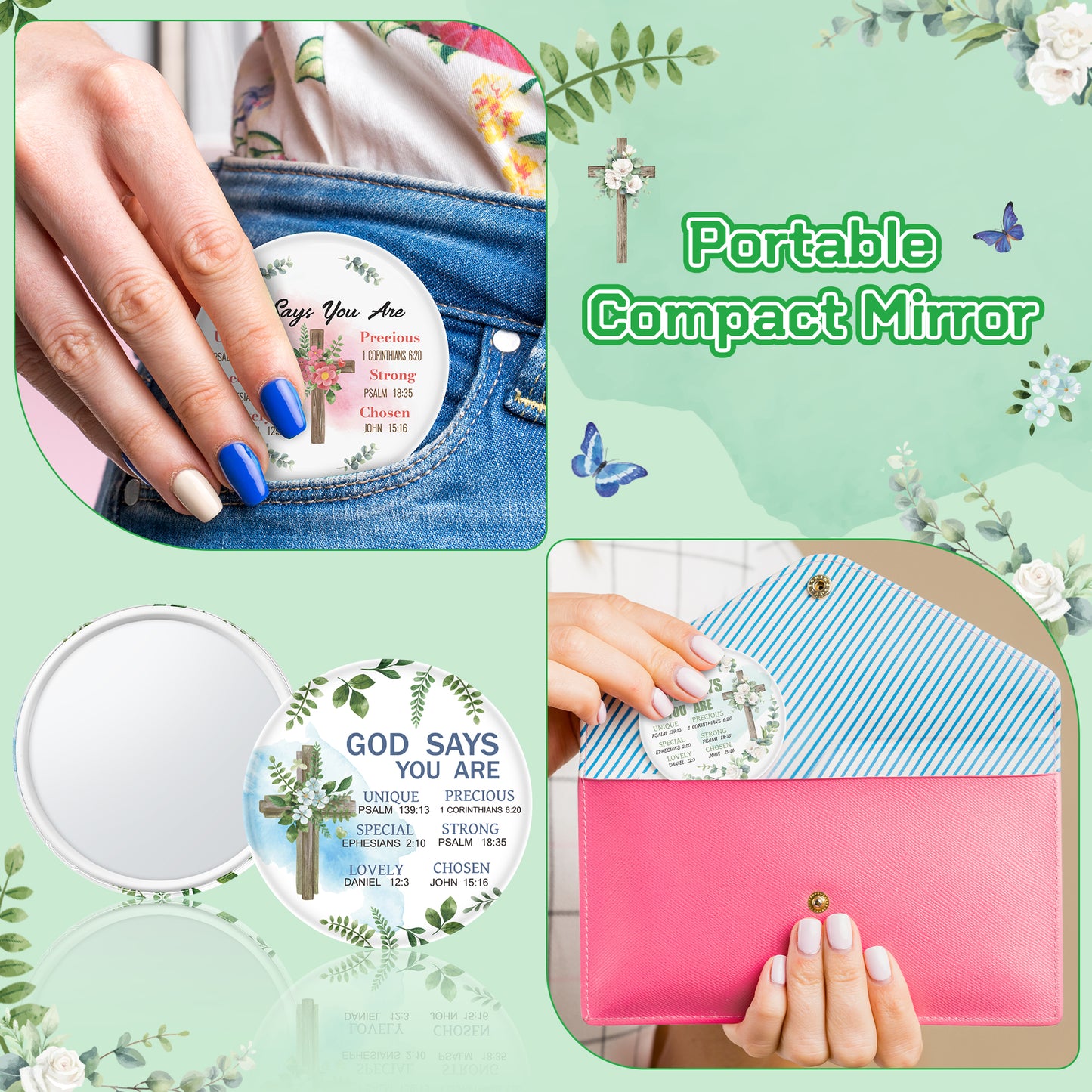 Y1tvei Christian Gifts Compact Mirror - 36Pcs Flower Cross God Say You Are Bible Verse Mini Compact Mirrors Inspirational Small Portable Pocket Makeup Mirror for Purse Church Party Favors for Women