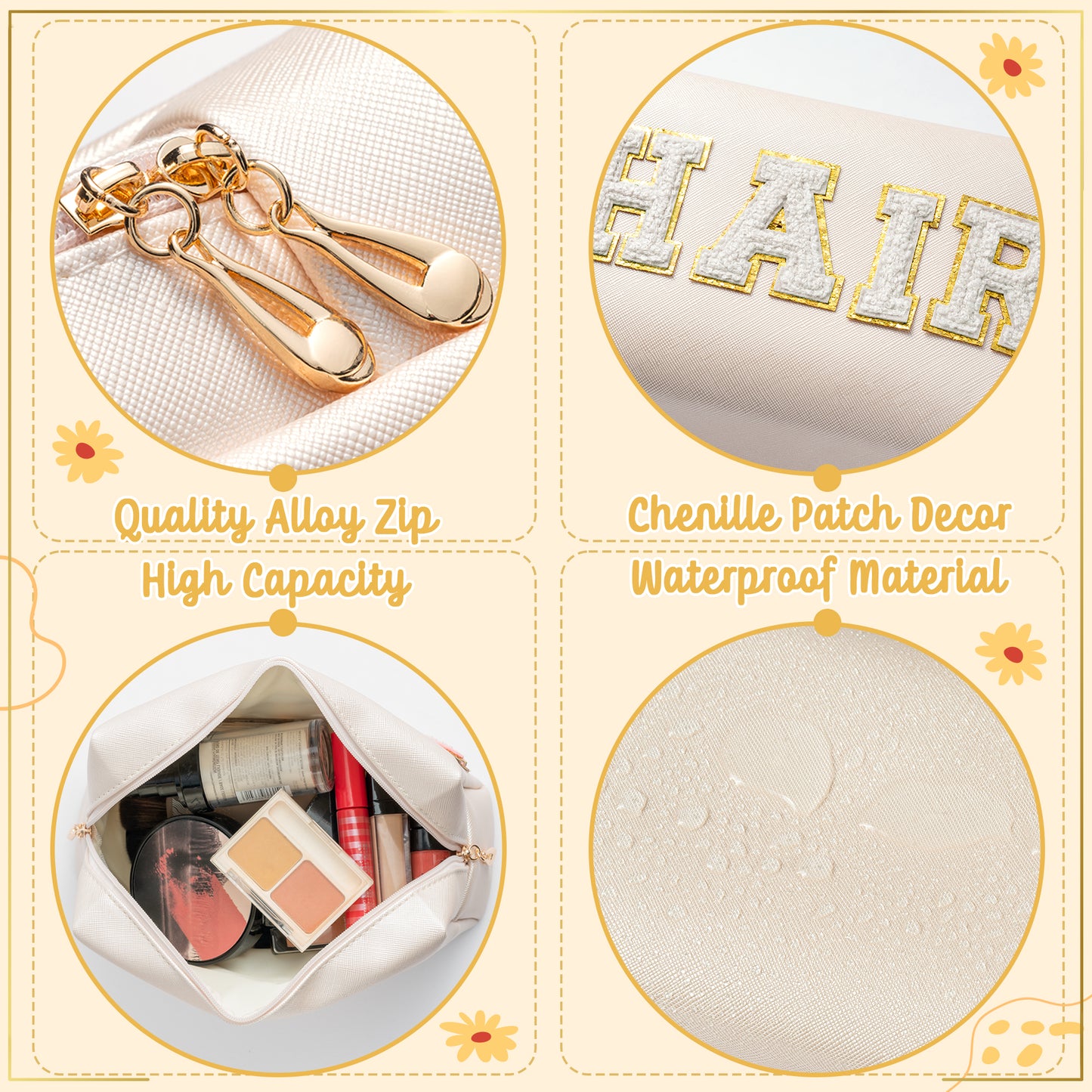 Y1tvei HAIR SKIN Makeup Bags - 2Pcs Preppy Patch SKIN HAIR Varsity White Letter Cosmetic Toiletry Bag Zipper Pouch Storage Portable Purse Waterproof Travel Organizer Gift for Women Girls (Shell Gold)