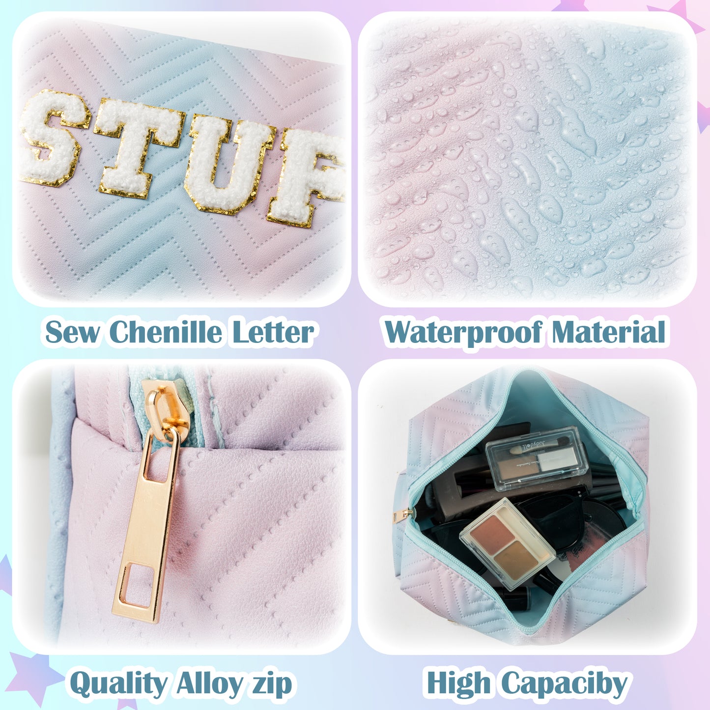 Y1tvei STUFF Gradient Makeup Bag - Preppy STUFF Chenille Letter Pouch Cute Patch Blue Pink Gradient Makeup Bag Colorful Leather Waterproof Cosmetic Pouch Toiletry Zipper Organizer Gifts for Women