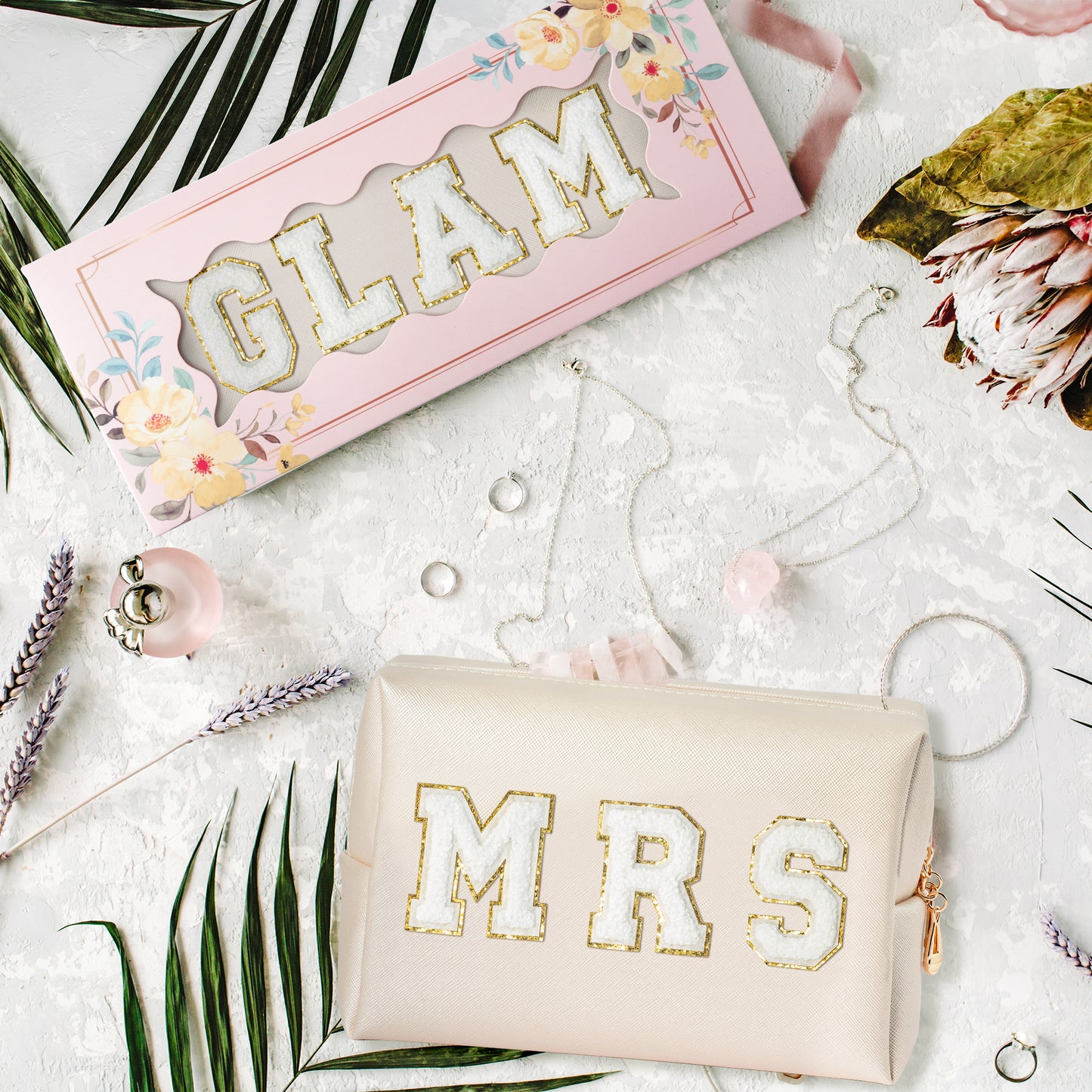 Y1tvei MRS GLAM Makeup Bag - Preppy White Mrs Glam Chenille Varsity Letter Cosmetic Bag Leather Waterproof Toiletry Zipper Pouch for Purse Travel Organizer Wedding Bridal Shower Gift for Bride Women
