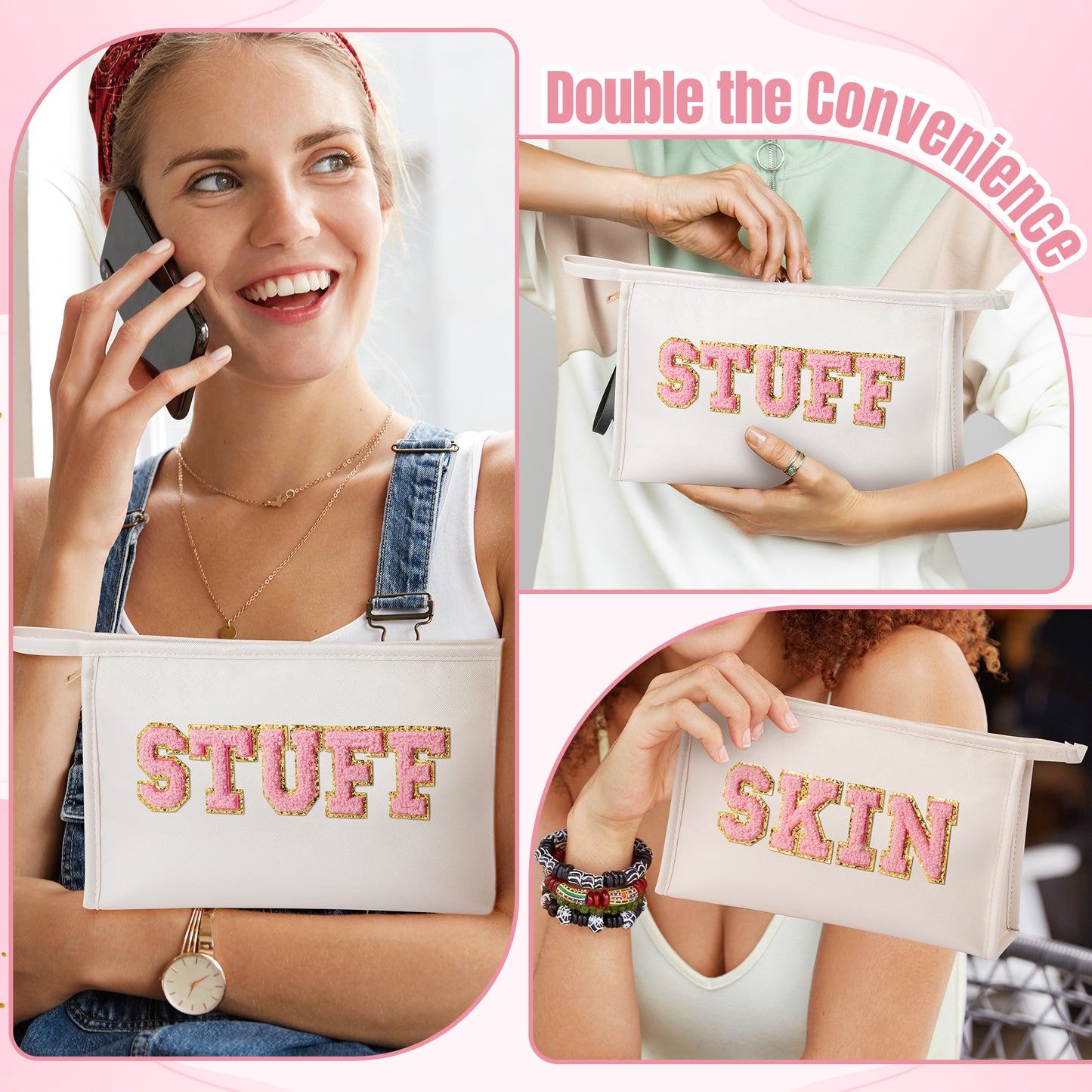 Y1tvei SKIN STUFF Makeup Bag - Pink Preppy Skin Stuff Chenille Letter Pouch for Travel, Large Waterproof Portable PU Leather Cosmetic Toiletry Bags, Zipper Flat Pouch Travel Organizer for Women(White)
