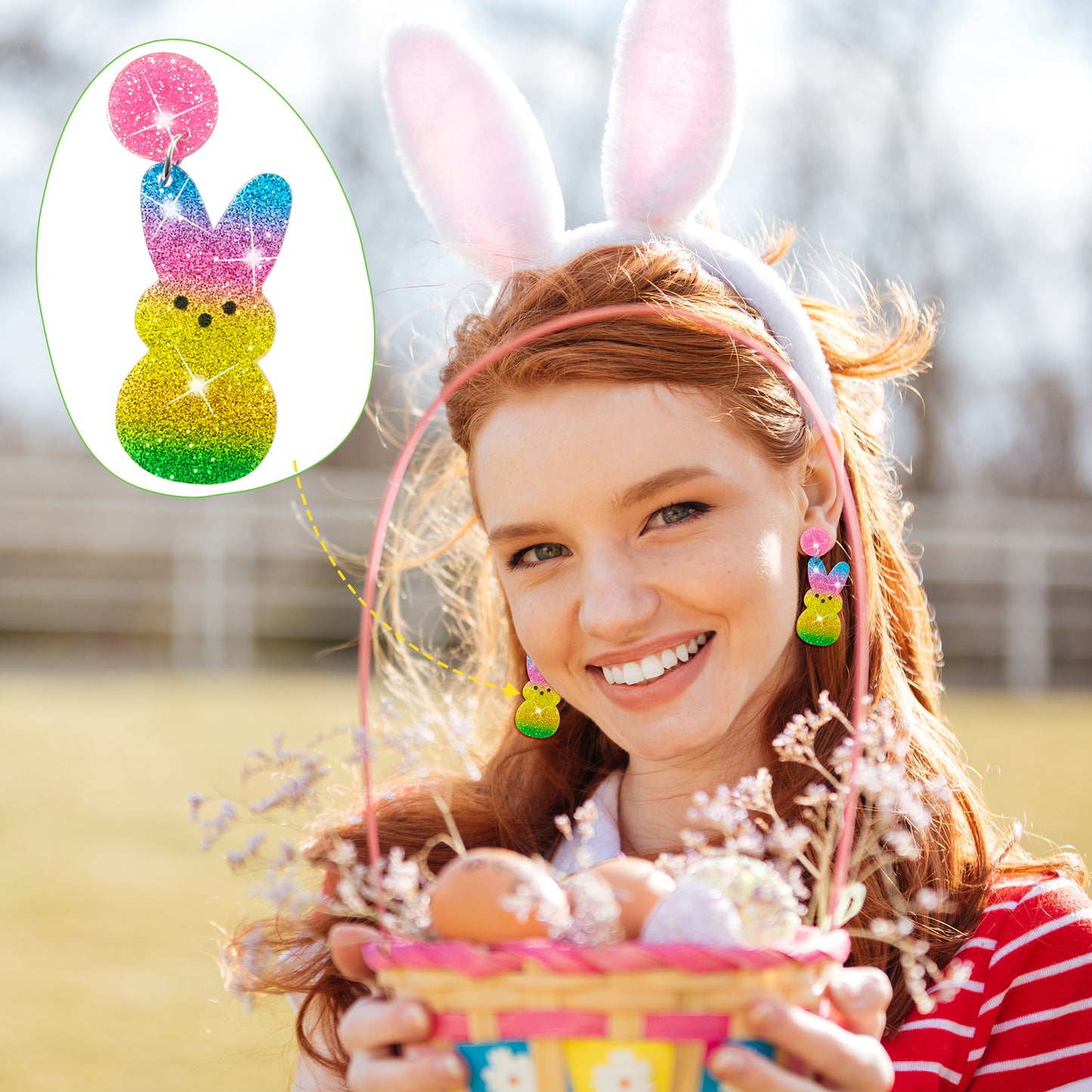 Y1tvei Easter Earrings for Women - 9Pairs Cute Bunny Easter Egg Shaped Sparkly Glitter Drop Dangle Earring Variety Pack Lightweight Cartoon Ear Decoration Holiday Jewelry Funny Easter Accessories Gift