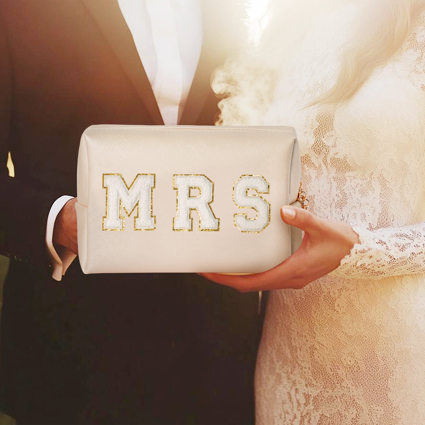 Y1tvei MRS GLAM Makeup Bag - Preppy White Mrs Glam Chenille Varsity Letter Cosmetic Bag Leather Waterproof Toiletry Zipper Pouch for Purse Travel Organizer Wedding Bridal Shower Gift for Bride Women
