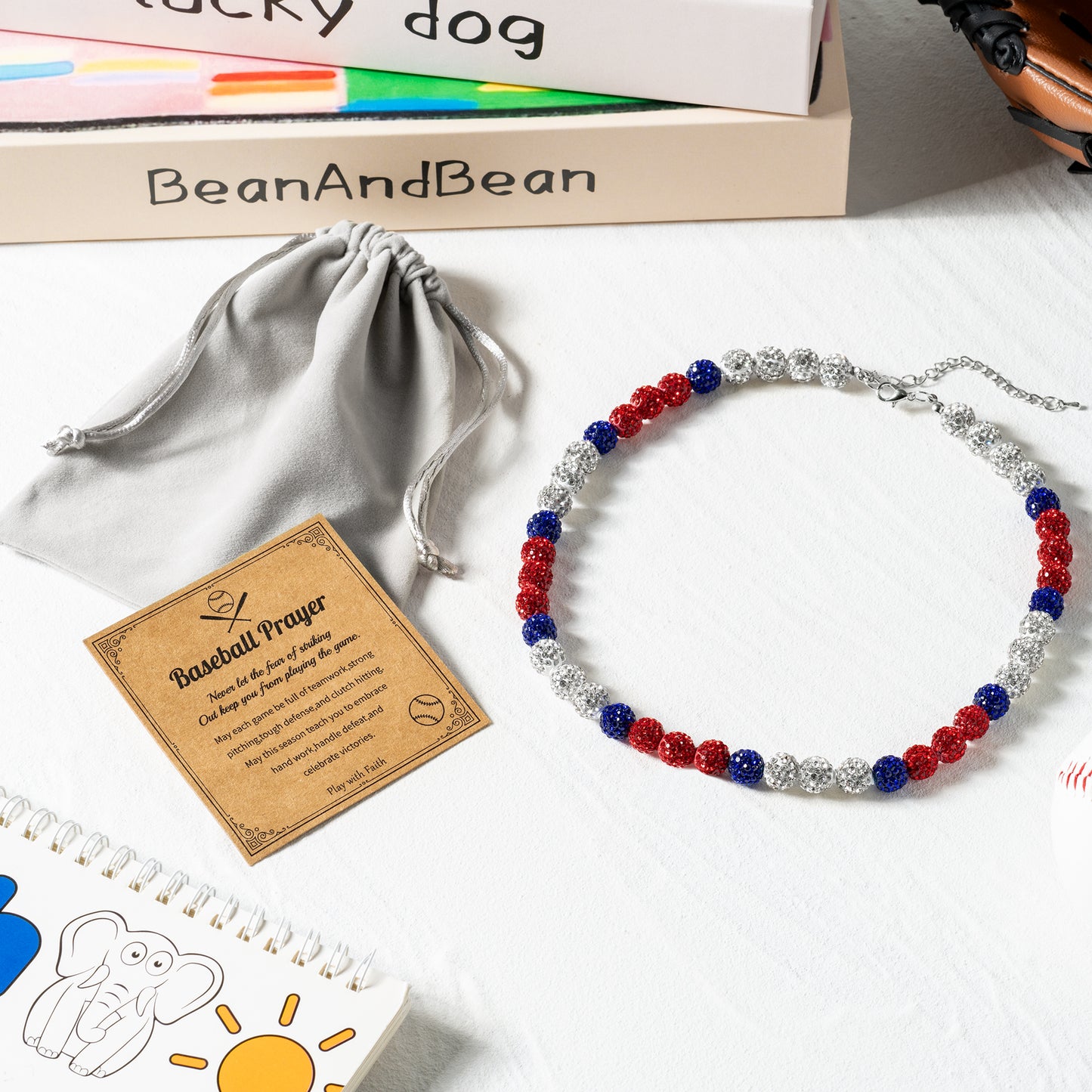 Y1tvei Baseball Necklaces for Boys - Bling Baseball Necklace Ice Collection Glitter Clay Rhinestone Beads Chain Baseball Necklace Disco Ball Sports Necklace Gifts for Boys Men Baseball Lovers(Red)